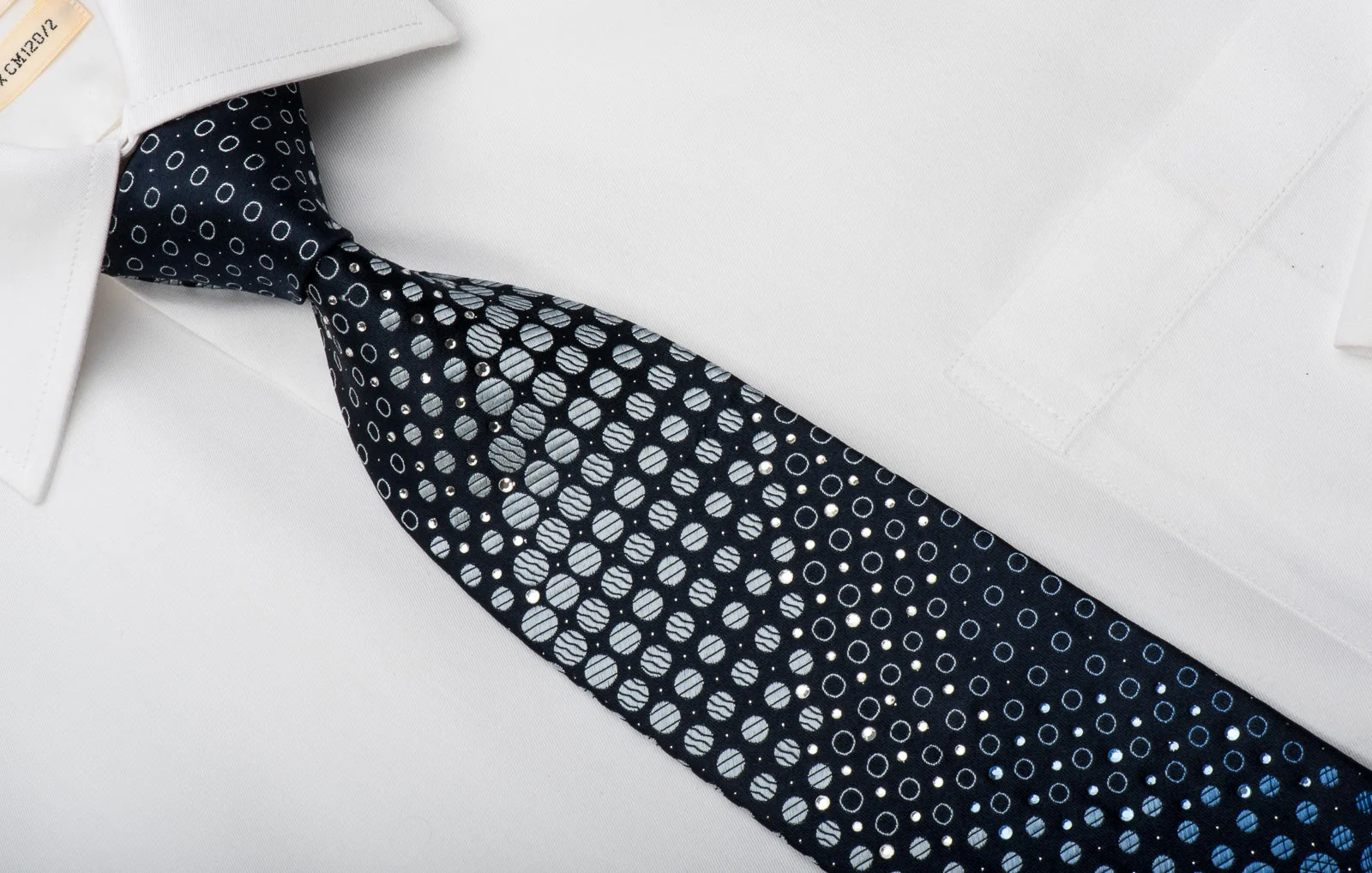 Indian Homme Rhinestone Silk Necktie Geometric On Blue With Silver Sparkles - Image 3
