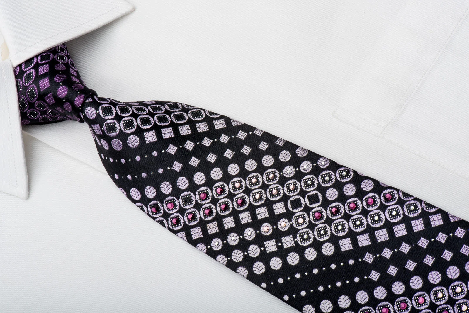 Indian Homme Rhinestone Silk Necktie Geometric On Purple With Silver Sparkles - Image 2
