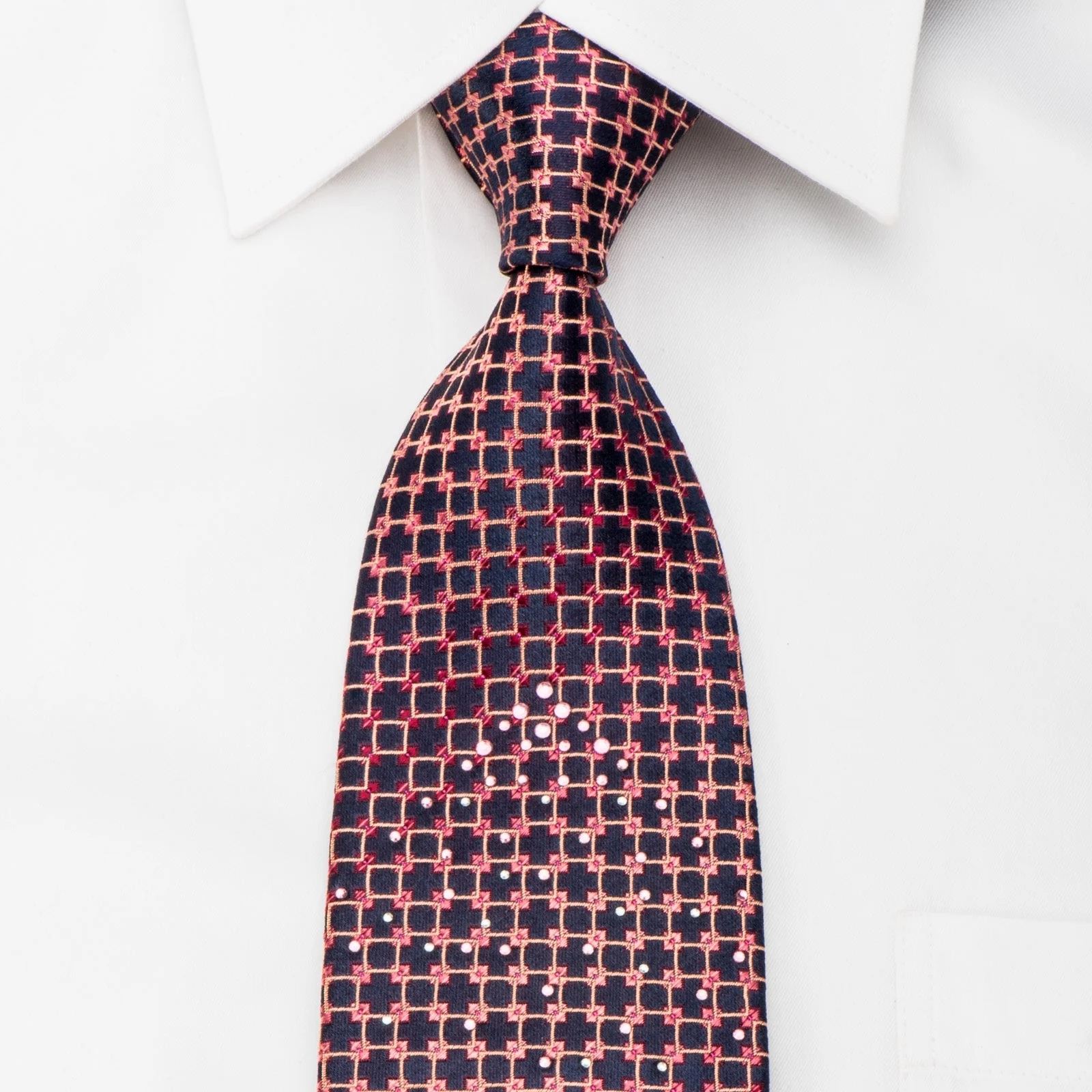 Indian Homme Rhinestone Silk Necktie Orange Squares On Navy With Orange Sparkles