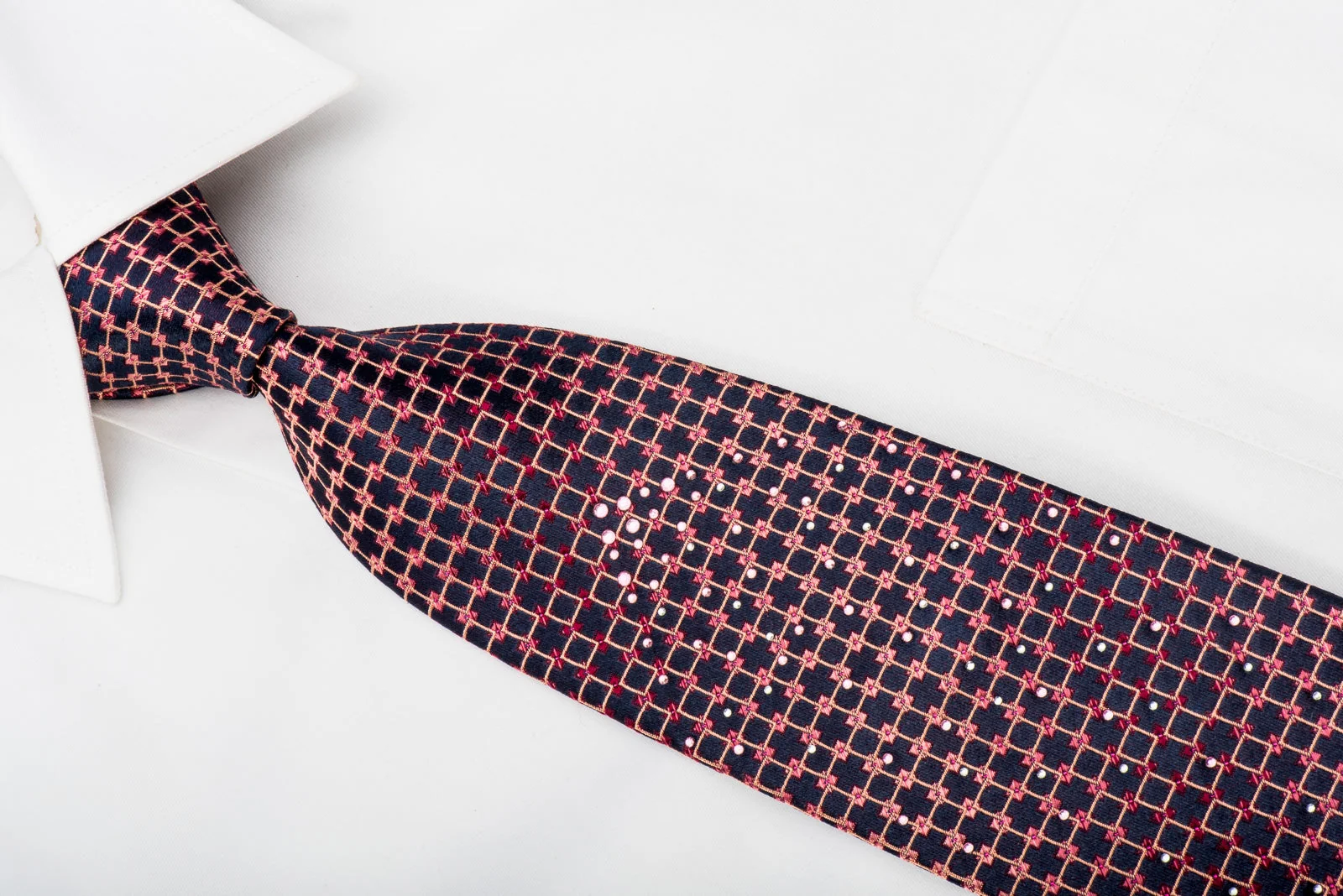 Indian Homme Rhinestone Silk Necktie Orange Squares On Navy With Orange Sparkles - Image 2