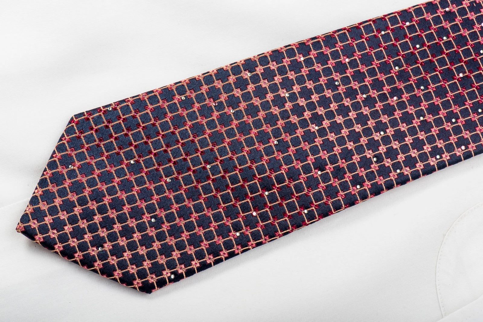Indian Homme Rhinestone Silk Necktie Orange Squares On Navy With Orange Sparkles - Image 3