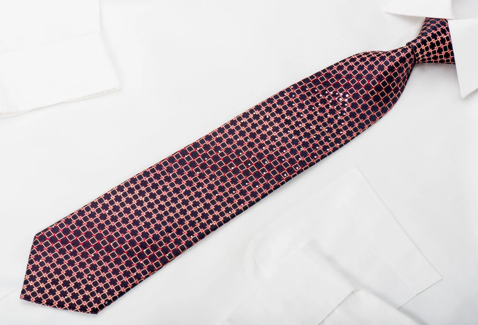 Indian Homme Rhinestone Silk Necktie Orange Squares On Navy With Orange Sparkles - Image 4