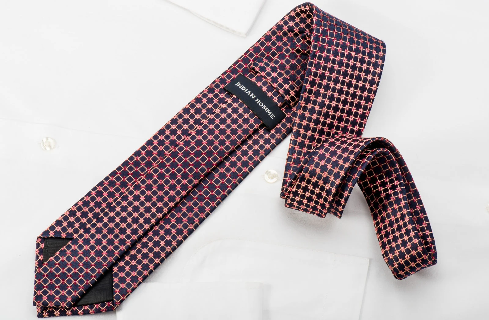 Indian Homme Rhinestone Silk Necktie Orange Squares On Navy With Orange Sparkles - Image 5