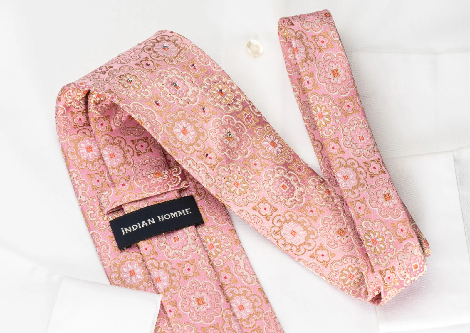 Indian Homme Rhinestone Silk Tie Gold Silver Marrakesh On Pink With Gold Sparkles - Image 3