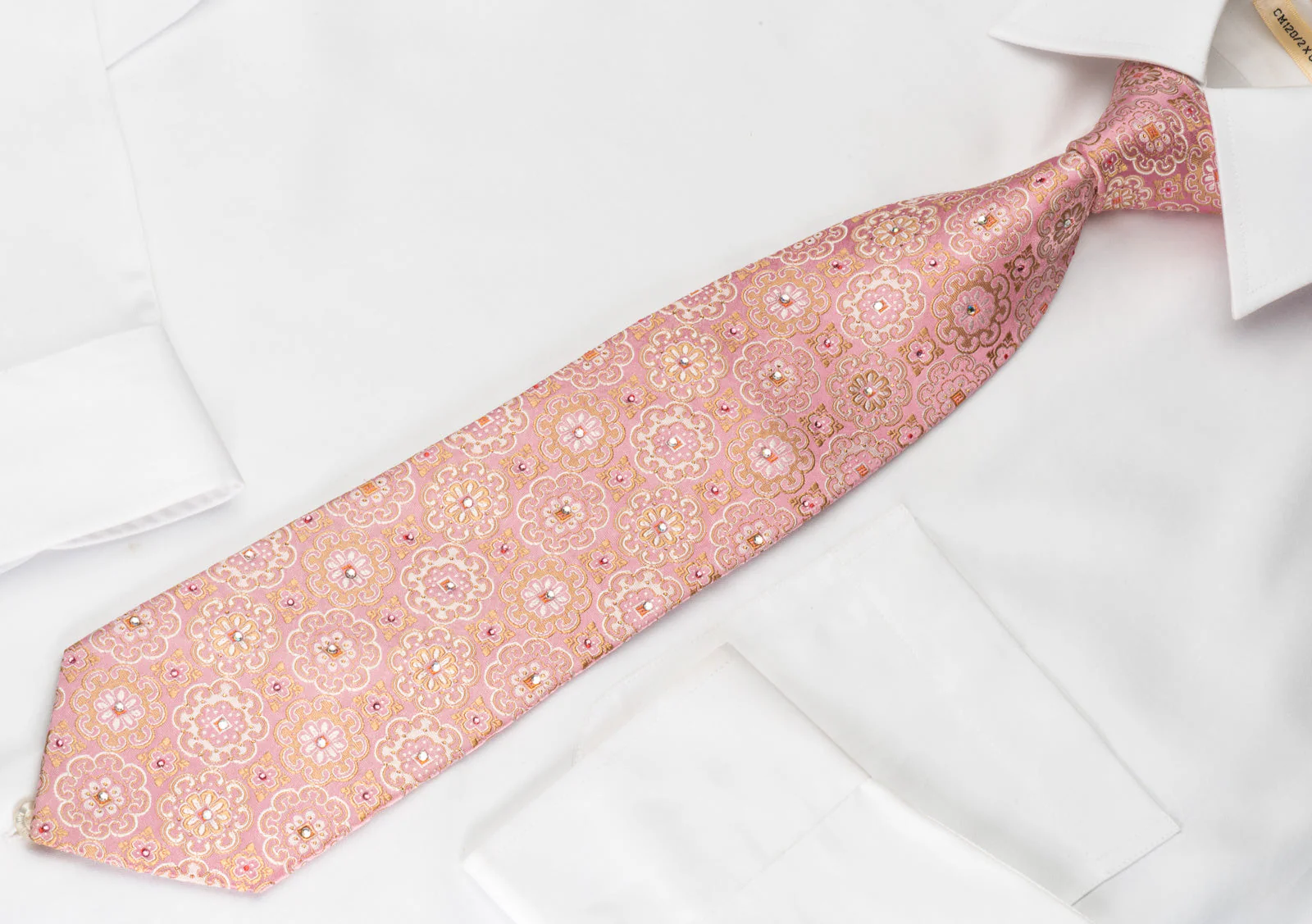 Indian Homme Rhinestone Silk Tie Gold Silver Marrakesh On Pink With Gold Sparkles - Image 4