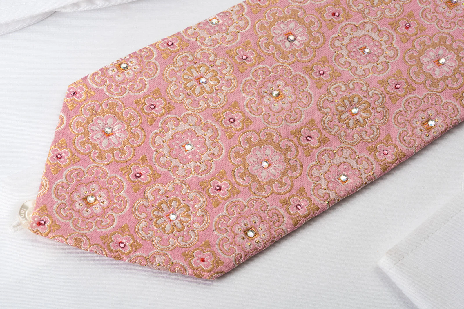 Indian Homme Rhinestone Silk Tie Gold Silver Marrakesh On Pink With Gold Sparkles - Image 6