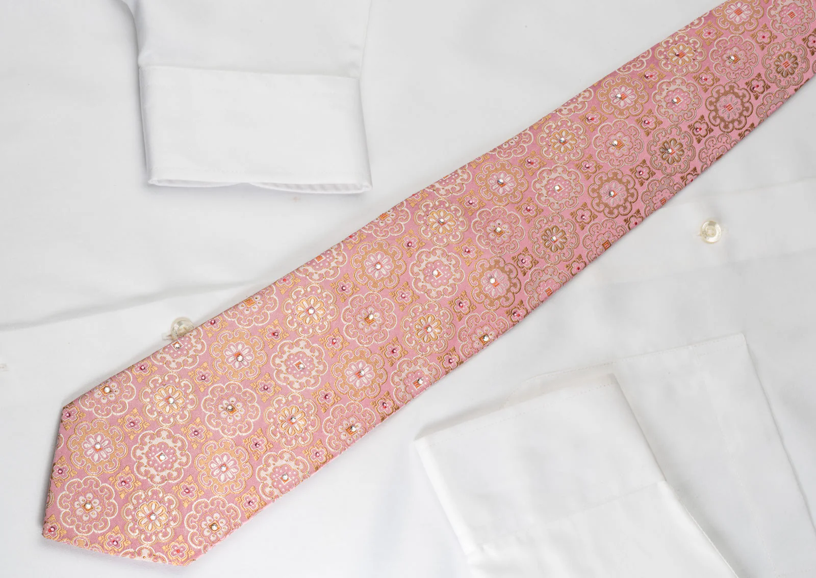 Indian Homme Rhinestone Silk Tie Gold Silver Marrakesh On Pink With Gold Sparkles - Image 8