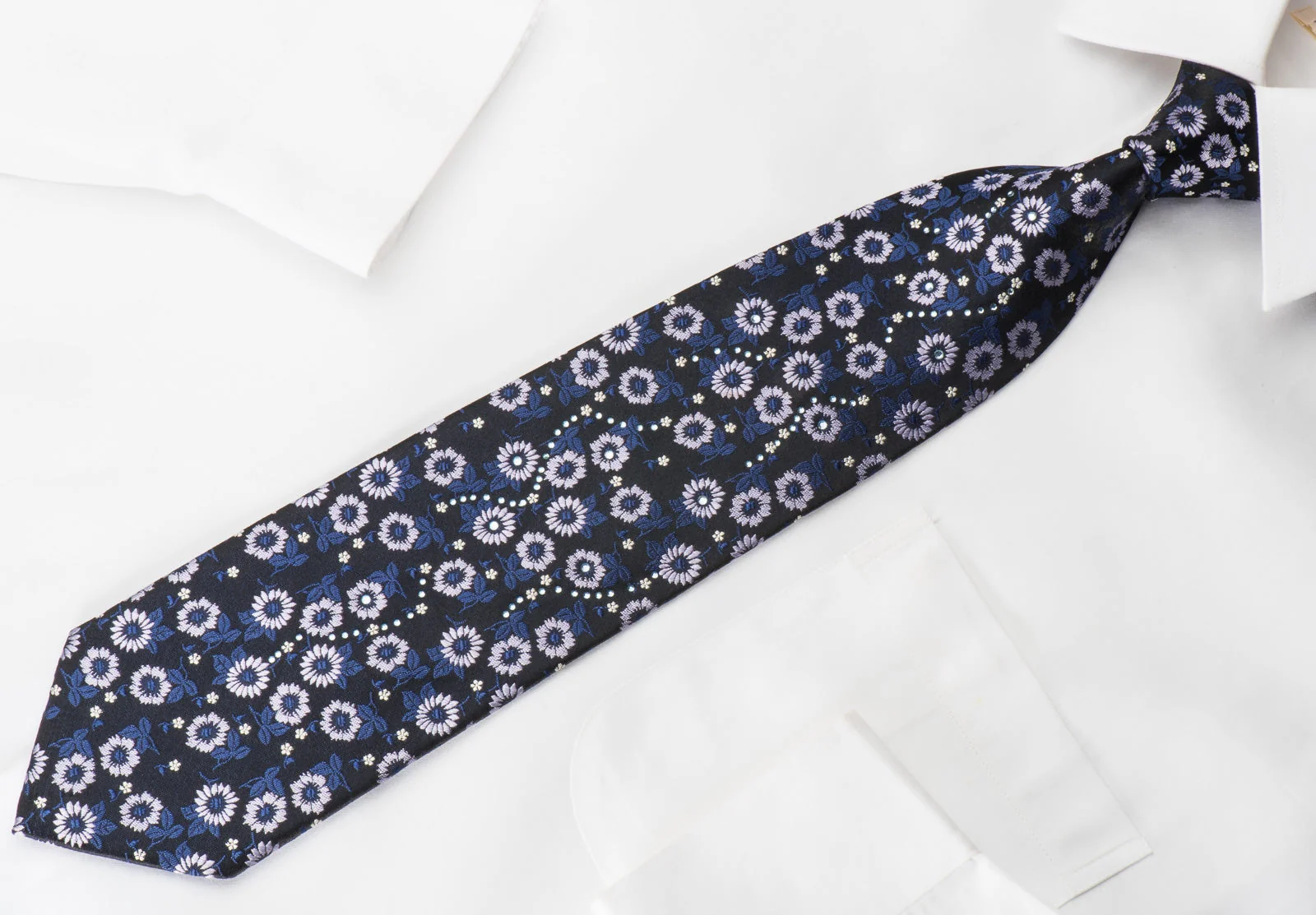 Indian Homme Rhinestone Tie Mauve Floral On Blue With Silver Sparkles - Image 3
