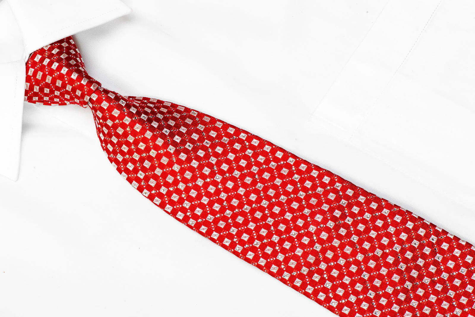 Indian Homme Rhinestone Tie Silver Micro Squares On Red With Sparkles - Image 2