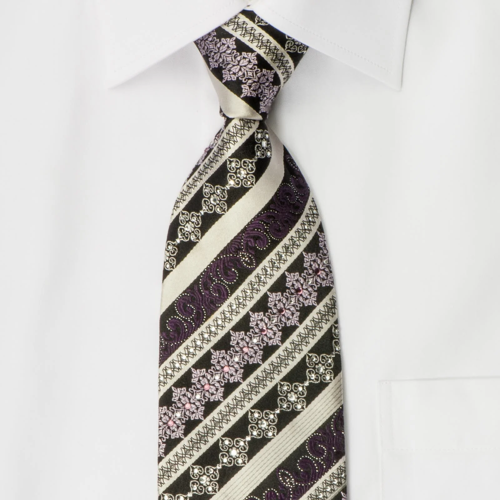 Indian Homme Rhinestone Tie Silver Striped On Black Silk With Fleur De Lis Motif & Sparkles - Image 5