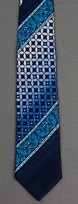 Indian Homme Silk Neck Tie Blue Stripes On Black With Rhinestones 3 1/4 Inch - Image 9