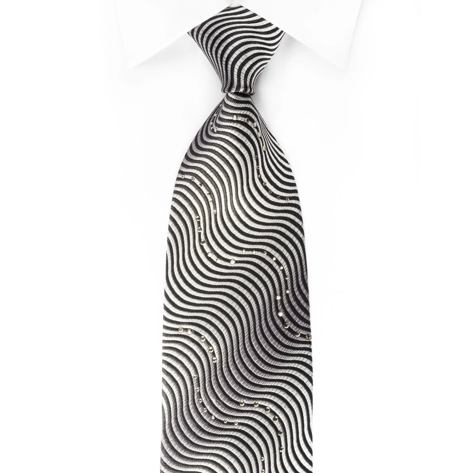 Indian Homme Silk Necktie Silver Black Waves With Crystal Rhinestones