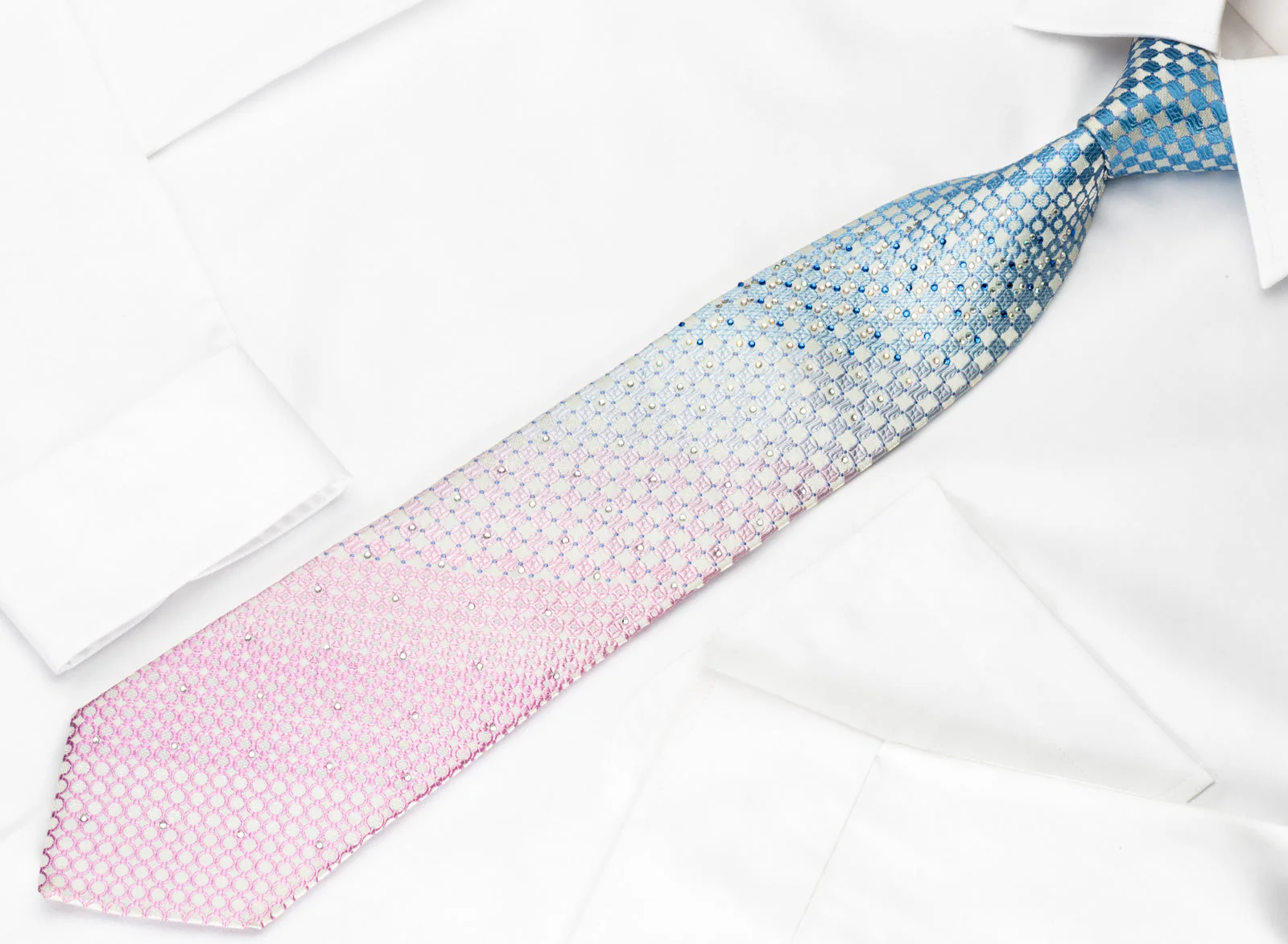 Indian Homme Silk Rhinestone Necktie Blue Pink Checker On White With Silver Sparkles - Image 2