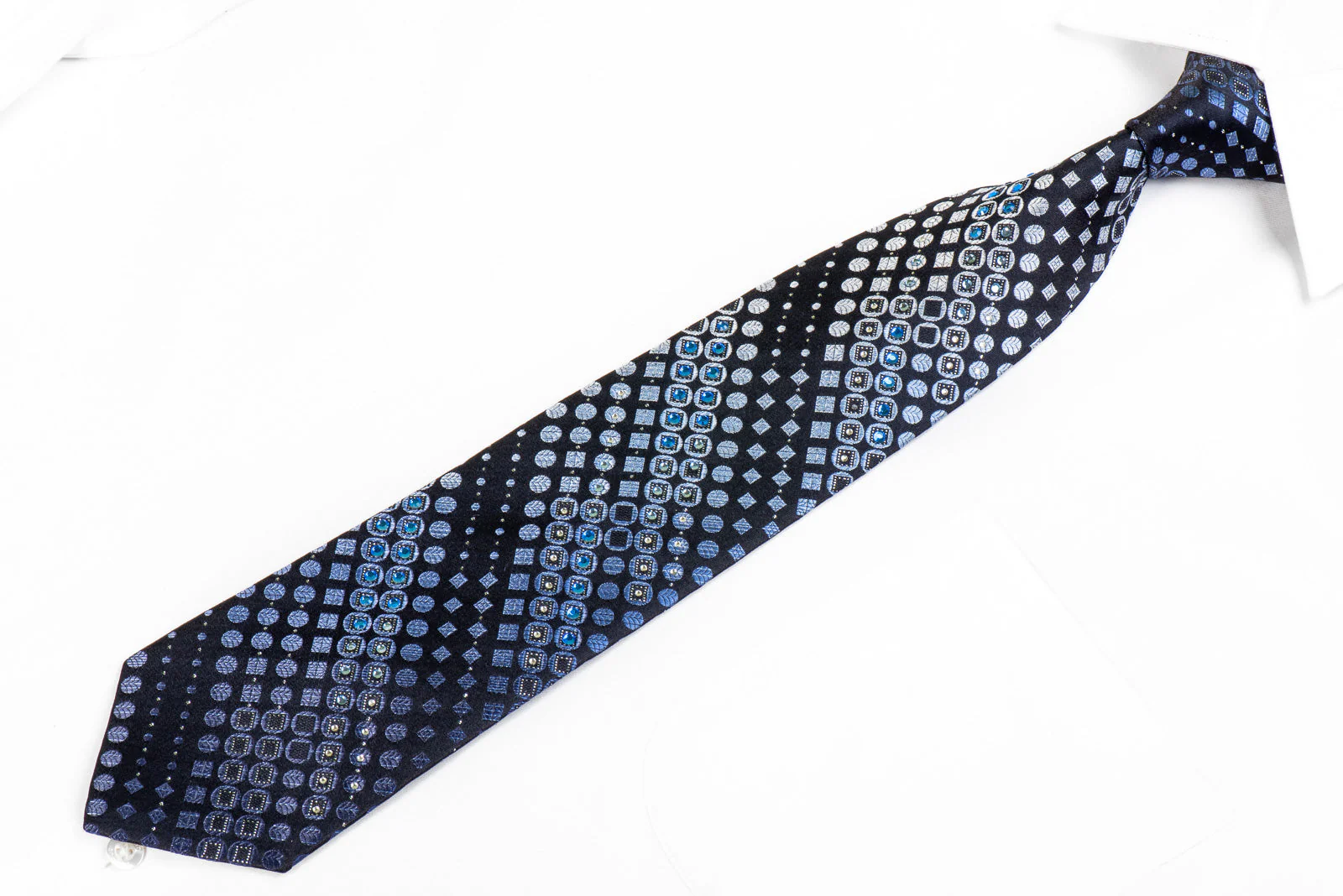 Indian Homme Silk Rhinestone Neckties Geometric Pattern On Navy - Image 3