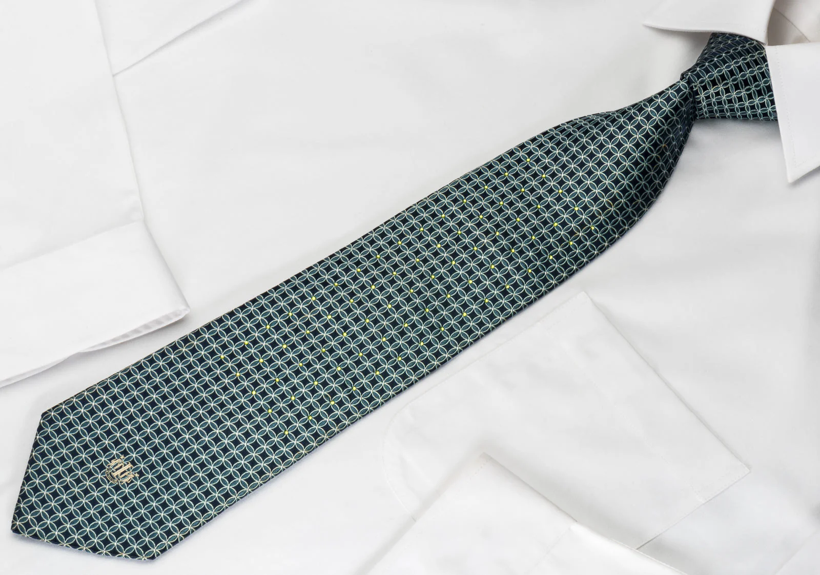 Indian Homme Silk Tie Interlocking Circles On Blue With Green Rhinestones & Sparkles - Image 2