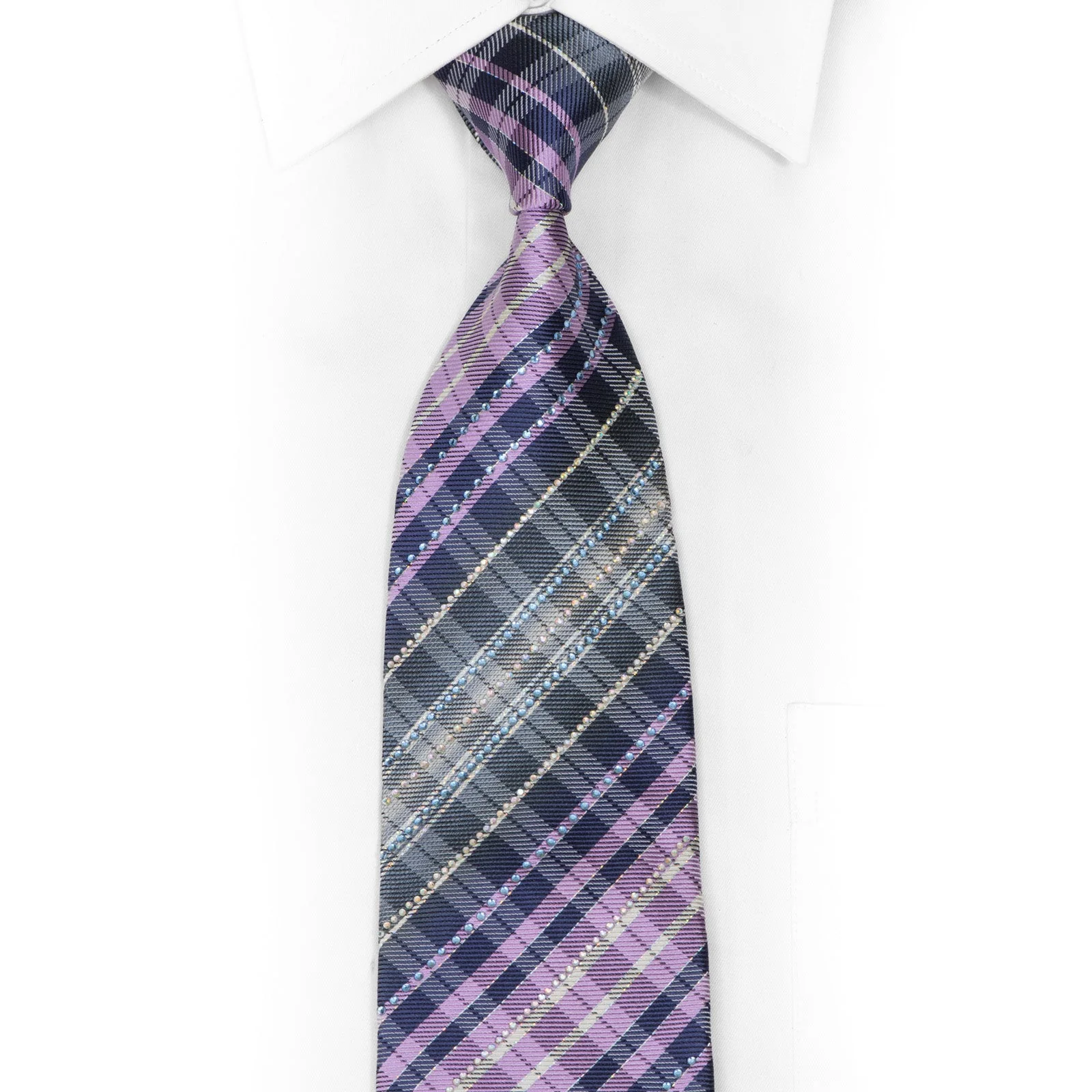 Navy Mauve Silver Plaid Rhinestone Silk Tie Withy Silver Sparkles
