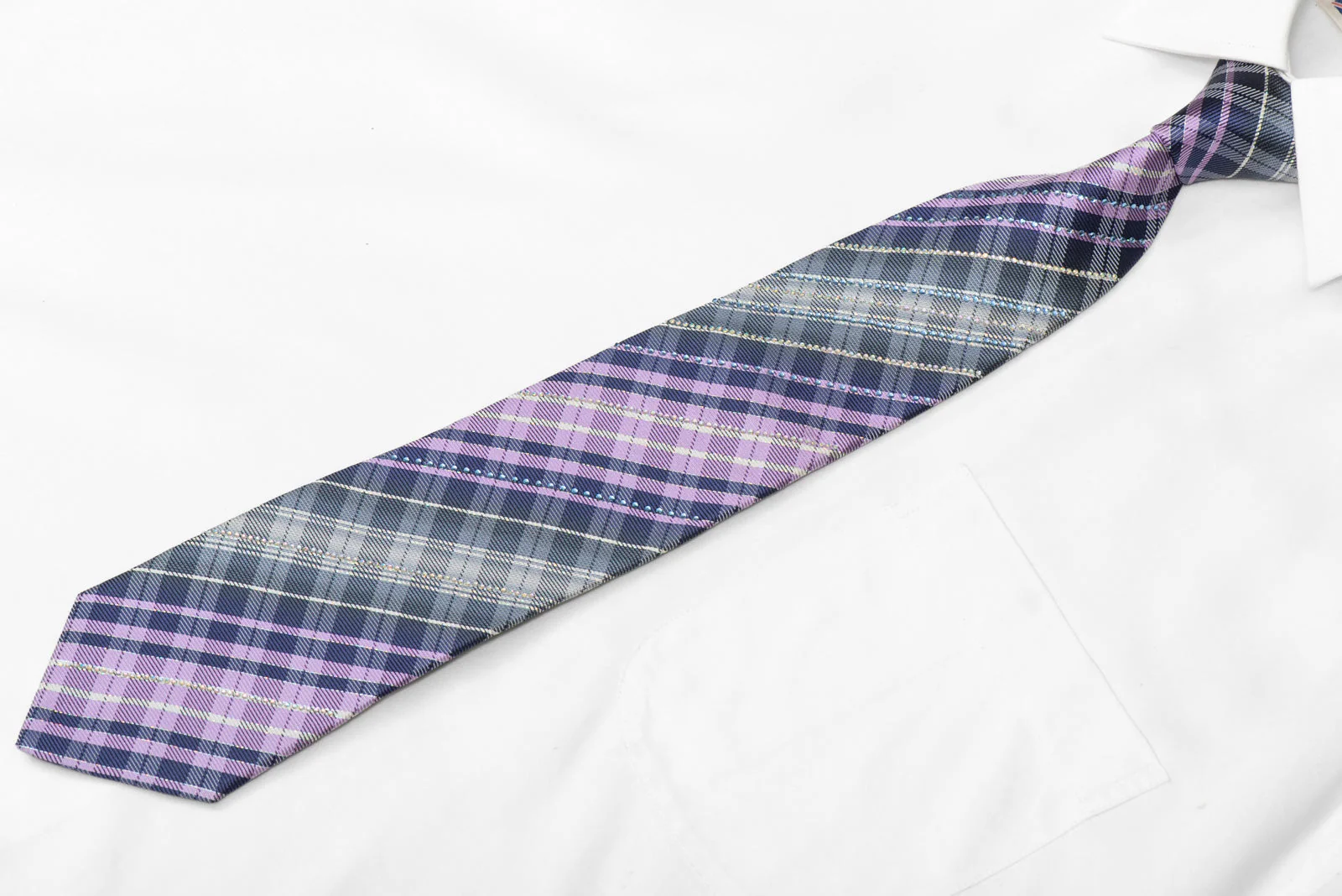 Navy Mauve Silver Plaid Rhinestone Silk Tie Withy Silver Sparkles - Image 4
