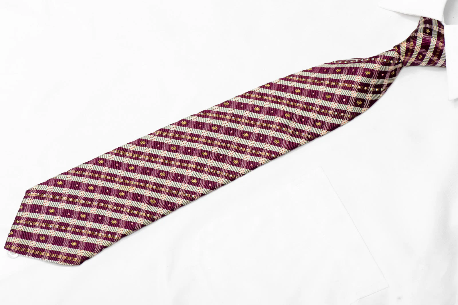 Silver Burgundy Plaid Design Rhinestone Silk Necktie With Sparkles - Image 3