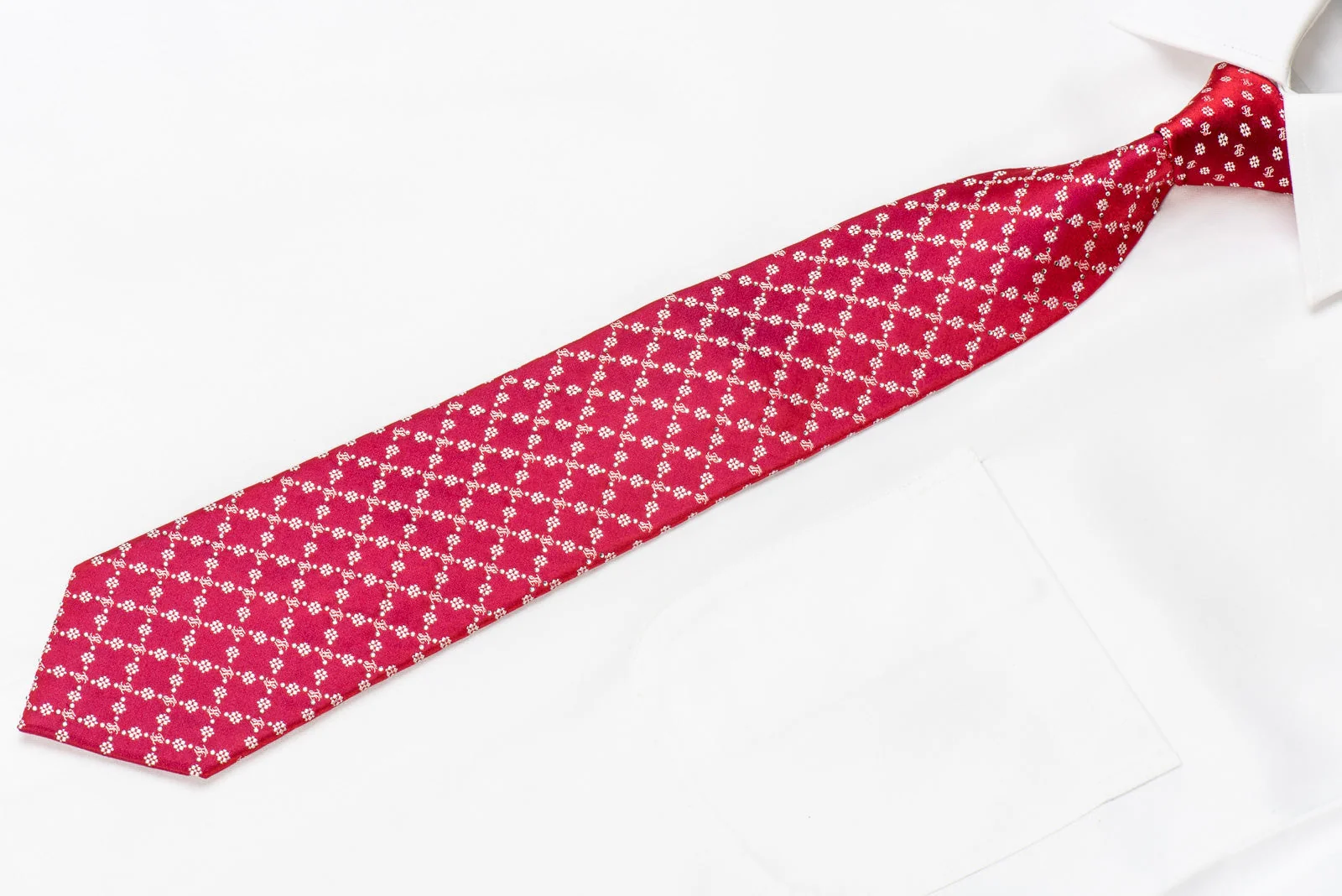 Indian Leaders Men's Crystal Silk Necktie Checker Monogram On Red With Silver Sparkles - Image 3