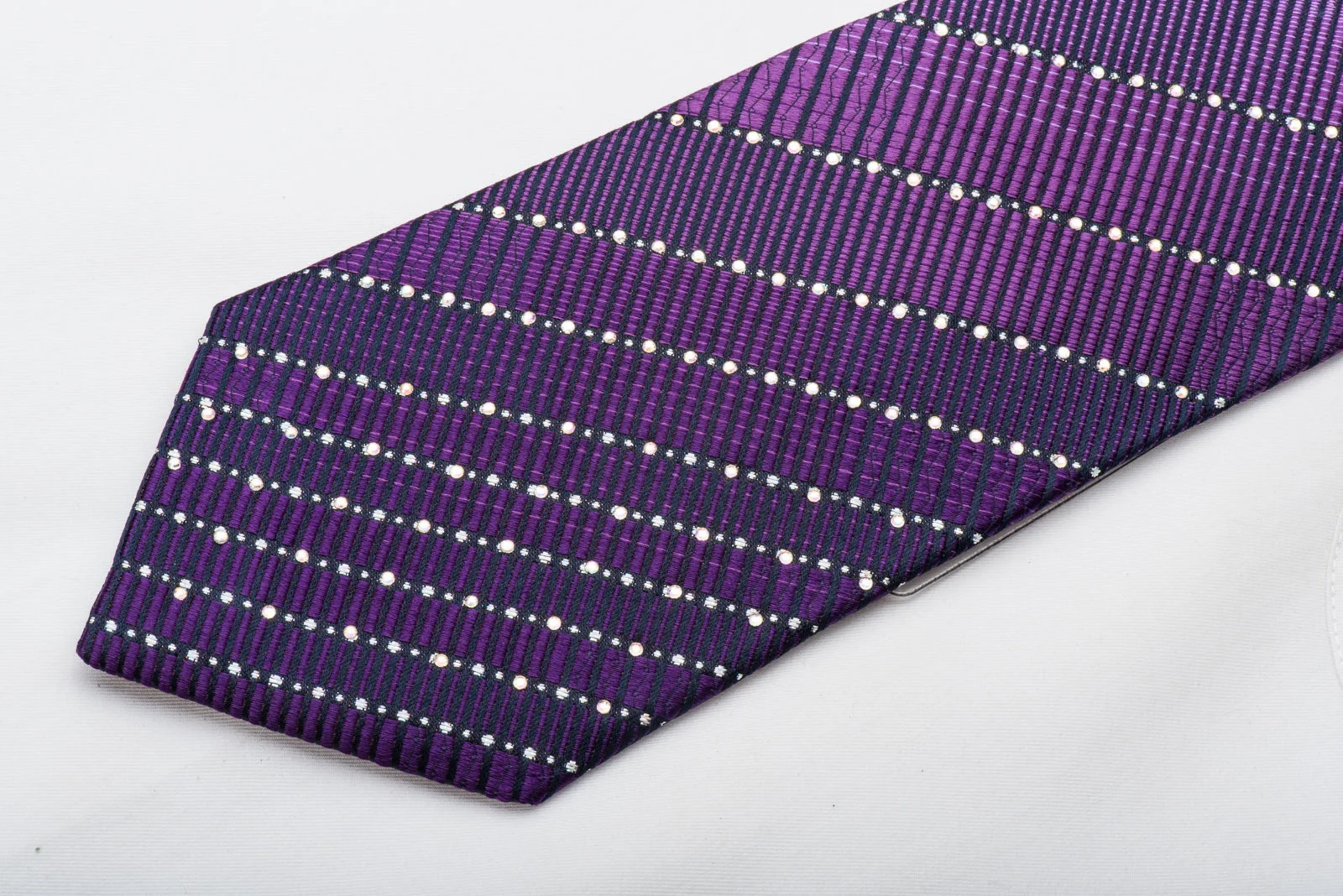 Indian Leaders Men's Rhinestone Tie Purple Striped On Navy Silk With Sparkles - Image 4