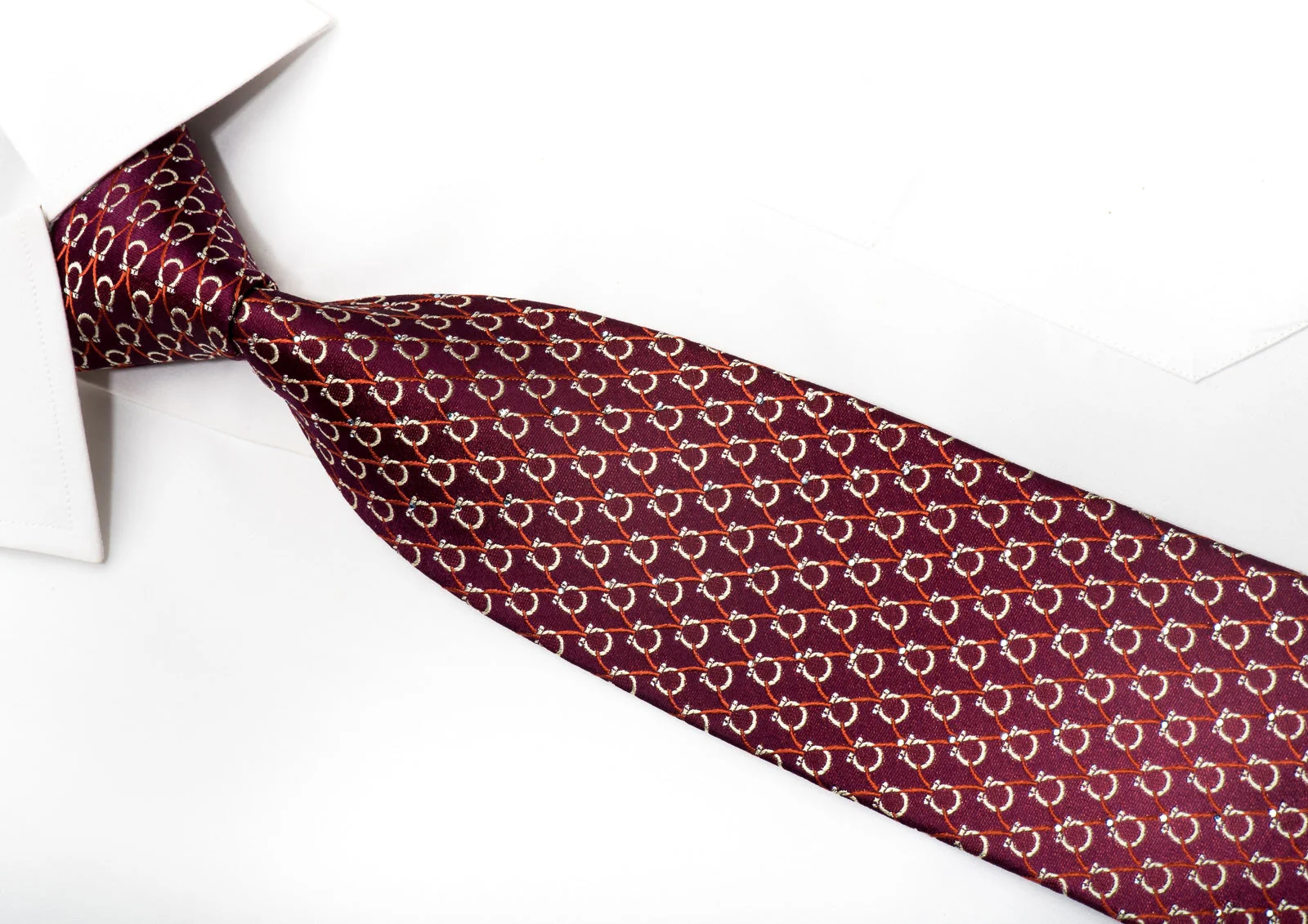 Indian Leaders Men's Silk Tie Golden Horse Shoes On Burgundy Sparkling With Crystal Rhinestones - Image 2