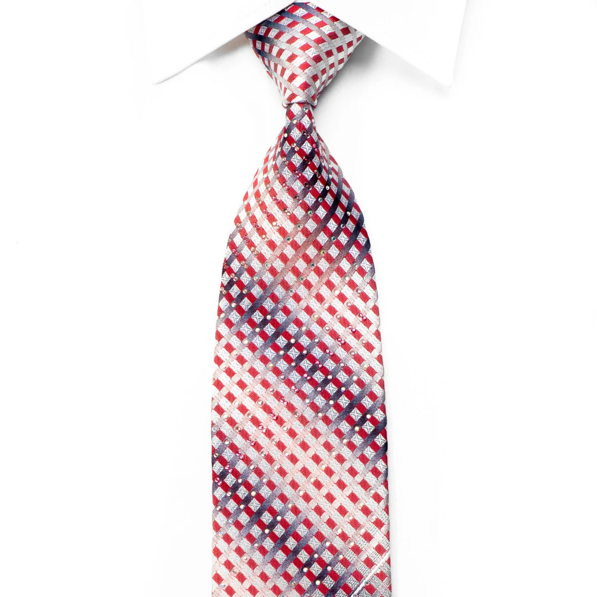 Indian Leaders Rhinestone Silk Necktie Burgundy Silver Geometric With Sparkles