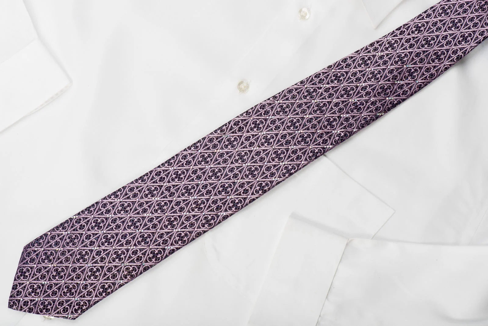 Indian Leaders Rhinestone Silk Tie Cartouche Trellis On Purple With Sparkles - Image 4