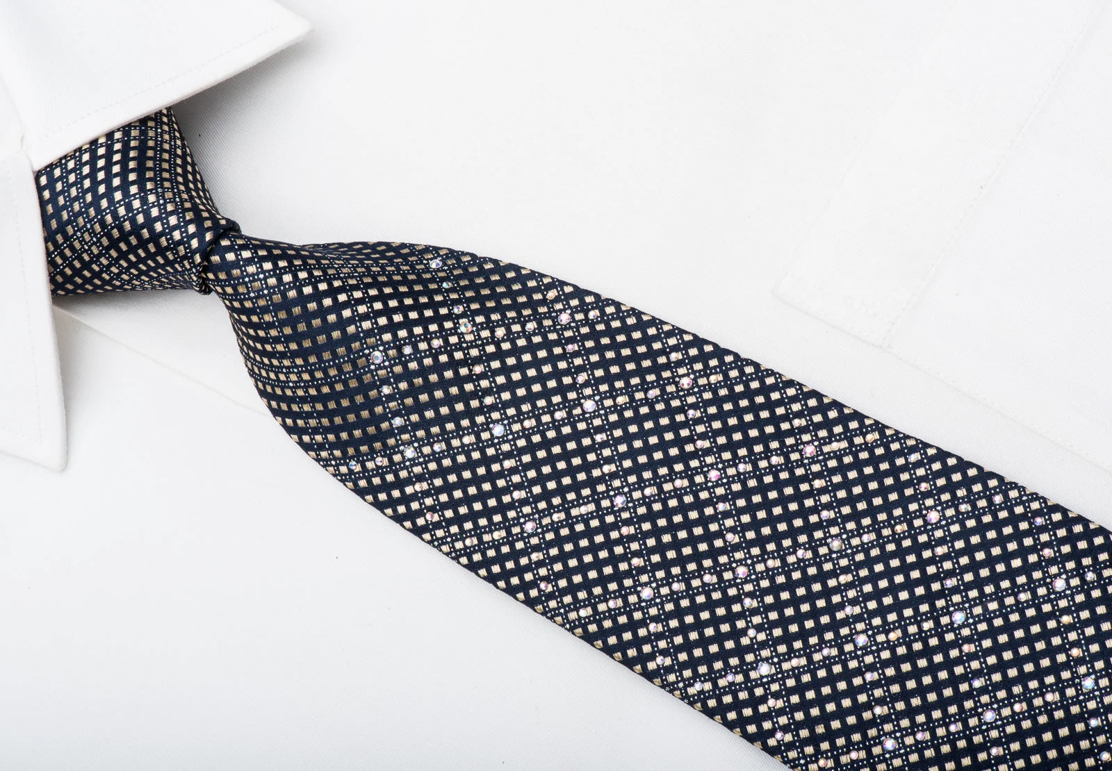 Indian Leaders Rhinestone Tie Gold Checker On Navy Silk With Silver Sparkles - Image 2