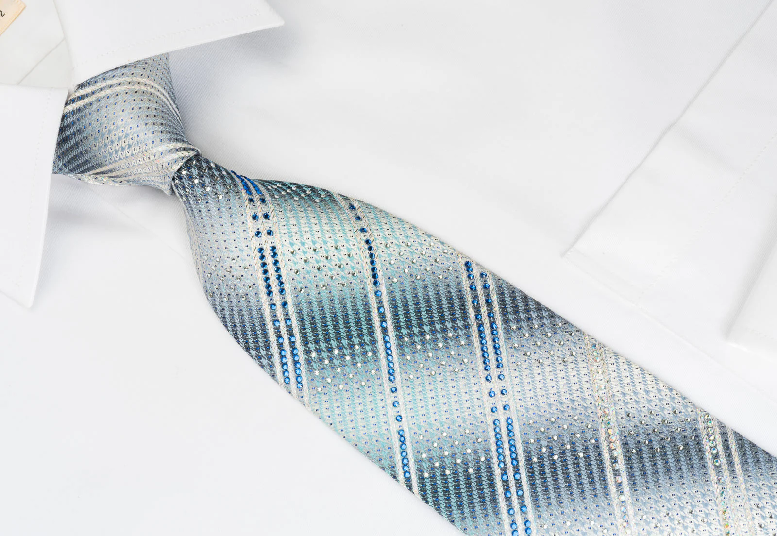 Indian Leaders Silk Tie Rhinestone Stripes On Blue Gray With Silver Sparkles - Image 7