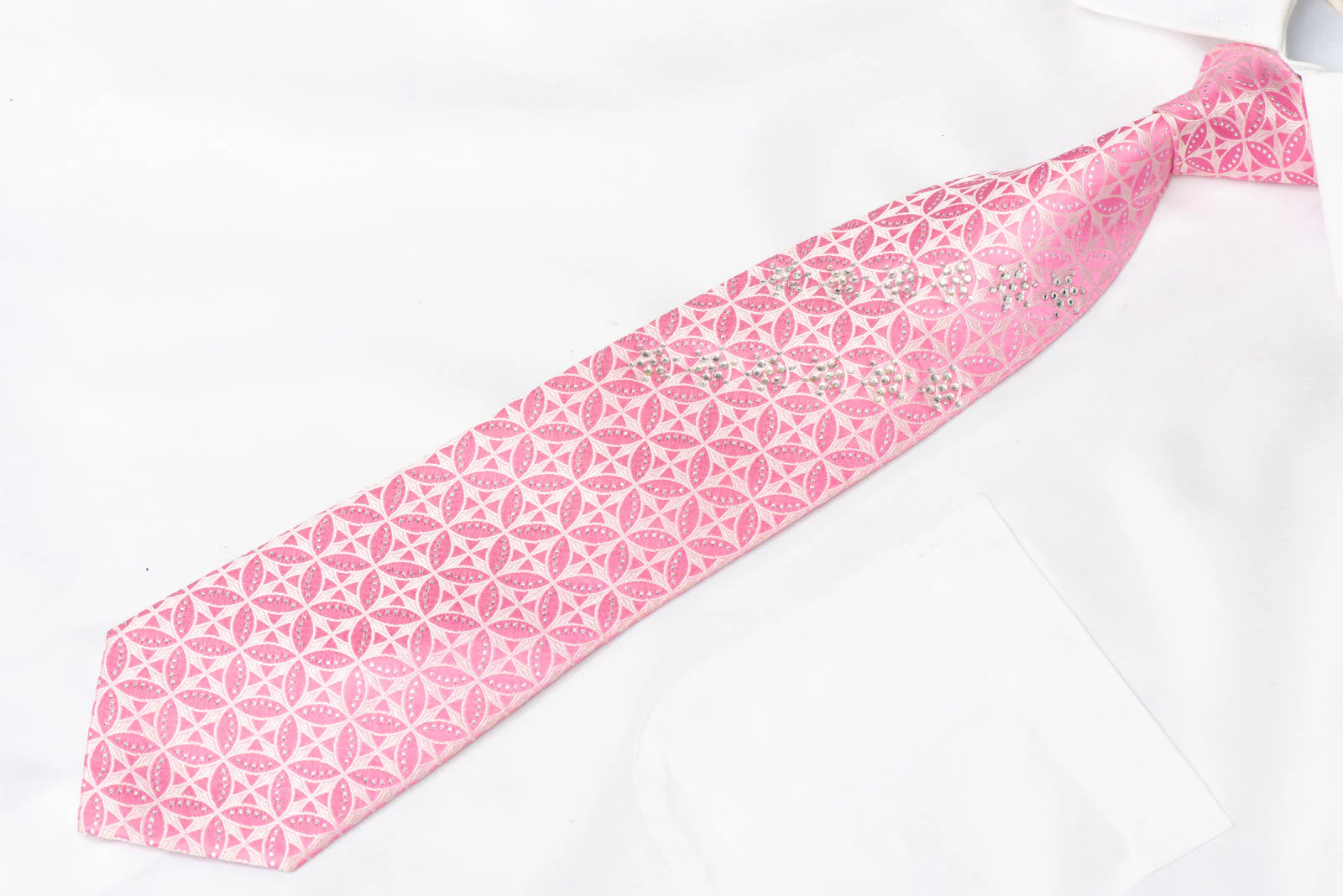 Interlocking Trellis Geometric Circles On Pink Rhinestone Tie With Silver Sparkles - Image 2
