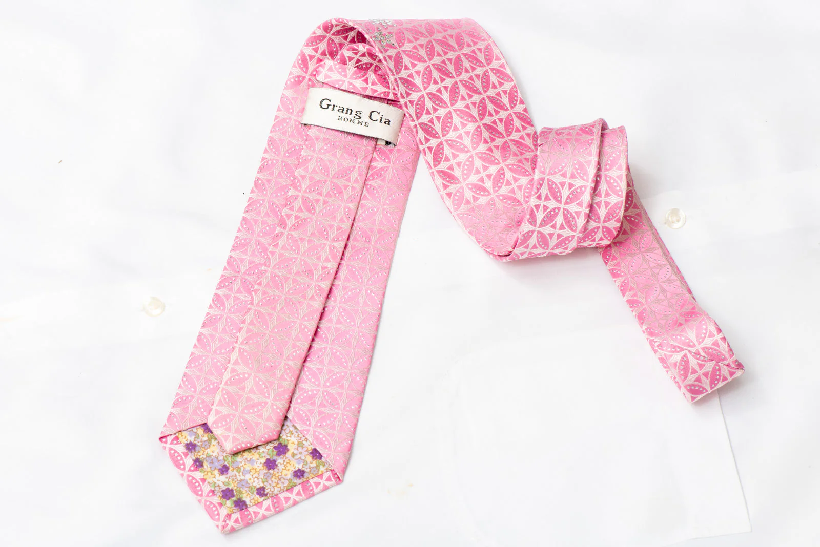 Interlocking Trellis Geometric Circles On Pink Rhinestone Tie With Silver Sparkles - Image 3