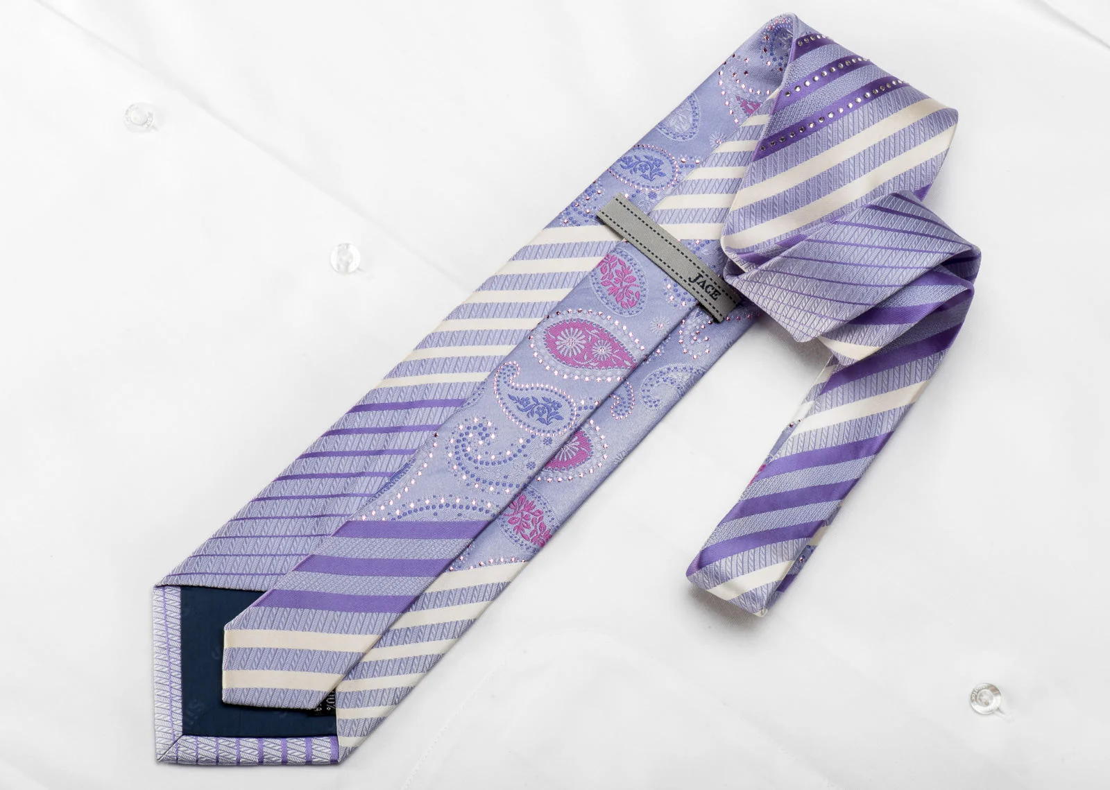 Jace Men's Crystal Rhinestone Silk Necktie Paisley & Striped On Mauve With Sparkles - Image 3