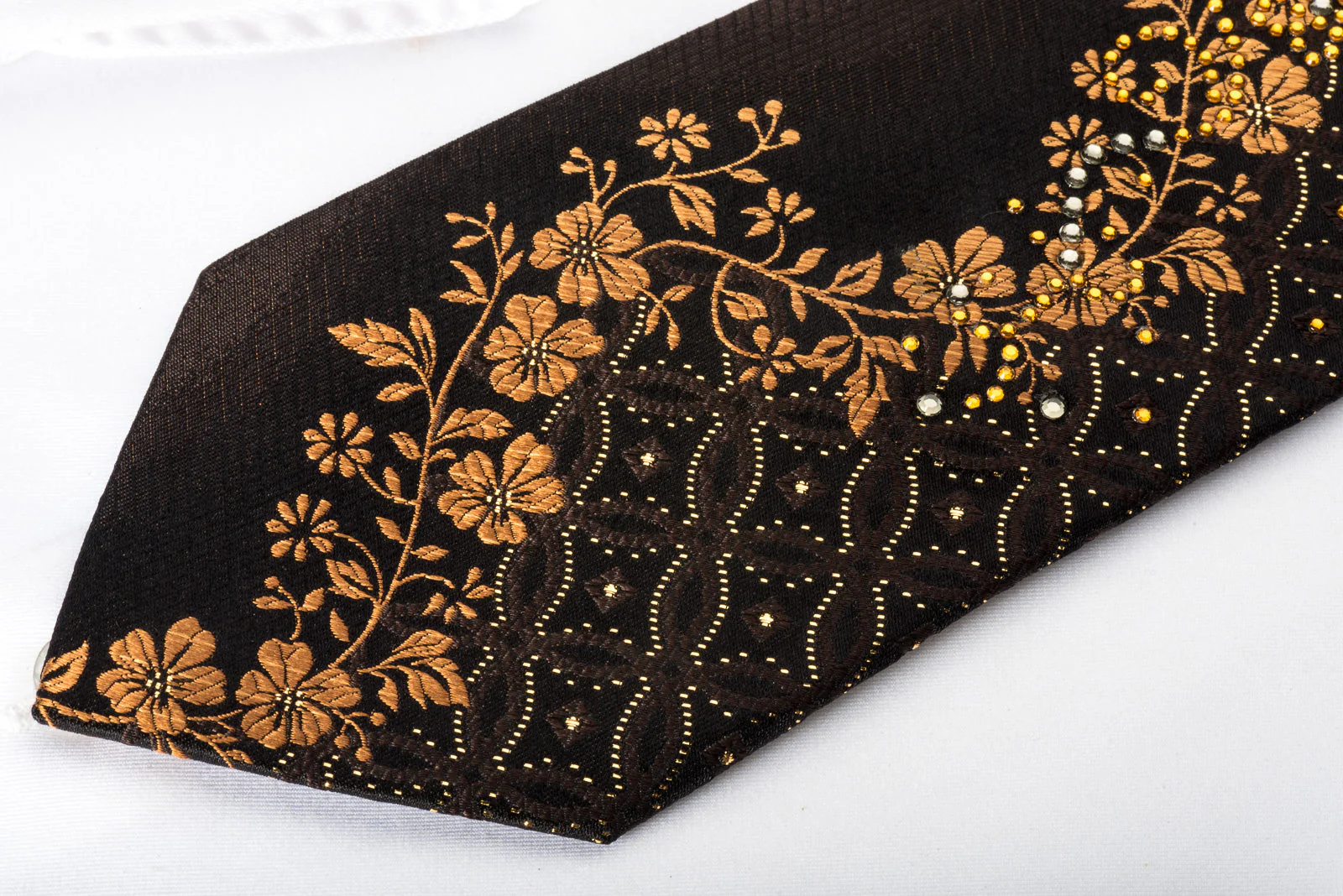 Jack Taylor Silk Rhinestone Necktie Golden Floral On Brown Black With Golden Sparkles - Image 5