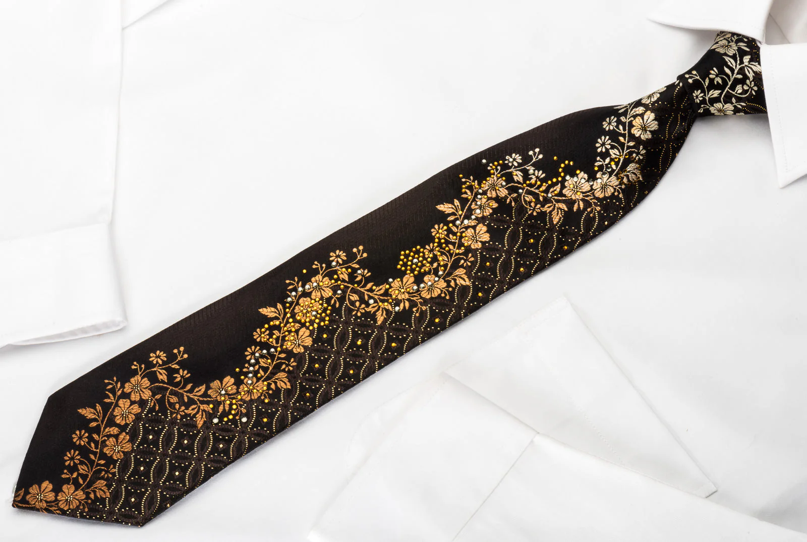 Jack Taylor Silk Rhinestone Necktie Golden Floral On Brown Black With Golden Sparkles - Image 7