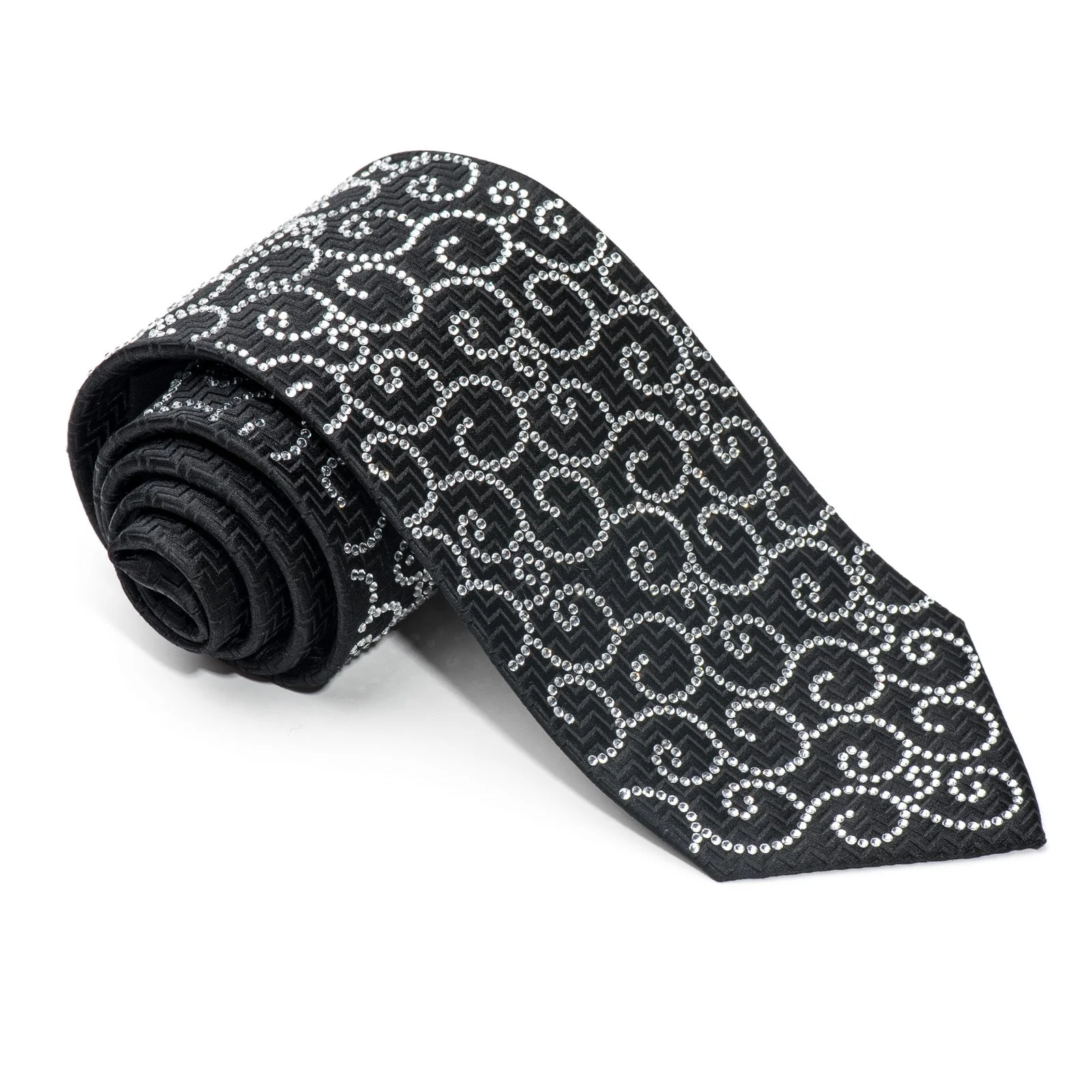 Lalanta Men's Black Silk Rhinestone Necktie Crystal Scrolls On Black - Image 8