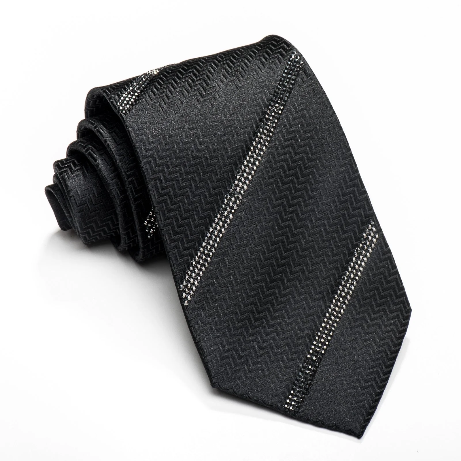Lalanta Men's Black Silk Tie Striped Jet Black Rhinestones On Herringbone Silk - Image 3