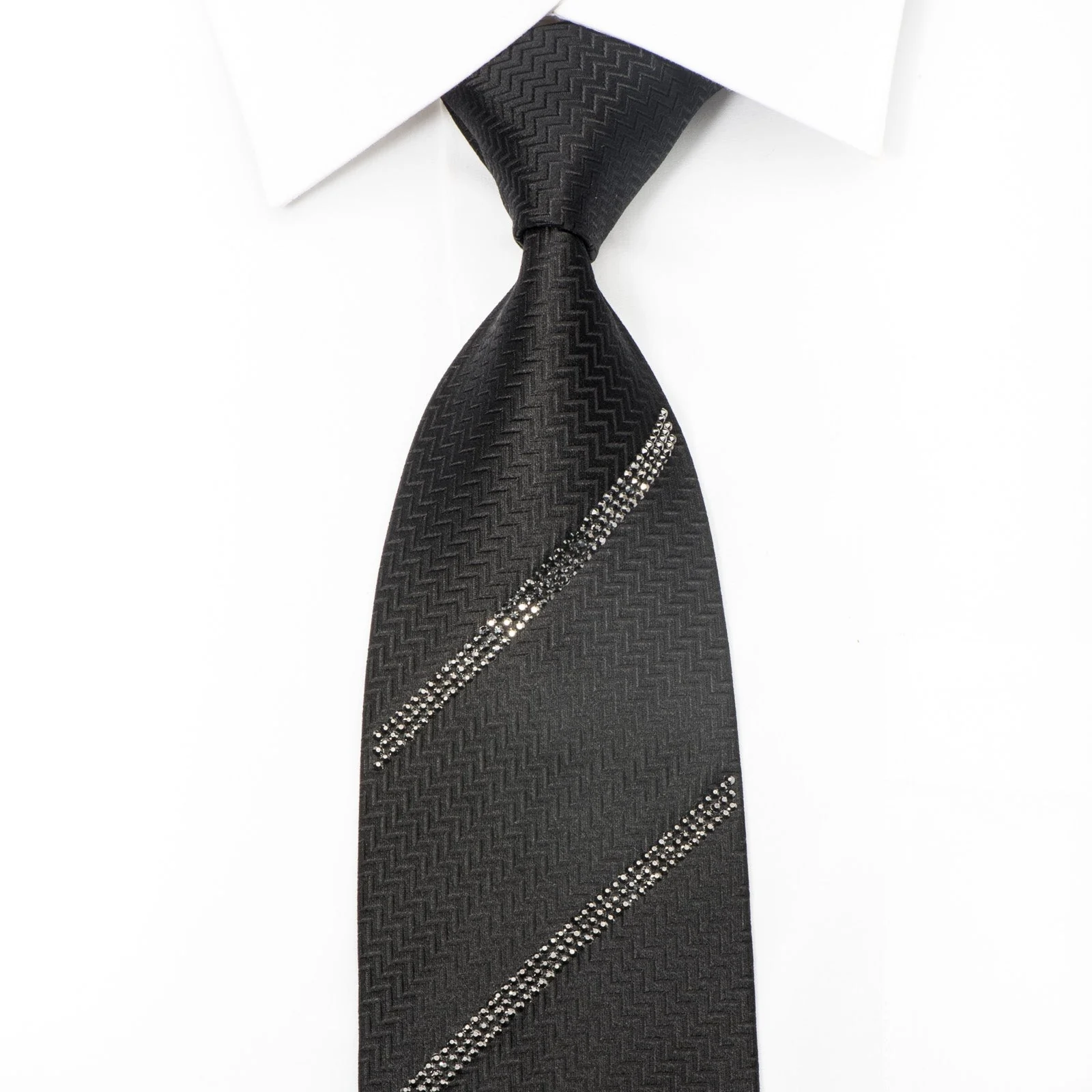 Lalanta Men's Black Silk Tie Striped Jet Black Rhinestones On Herringbone Silk - Image 5