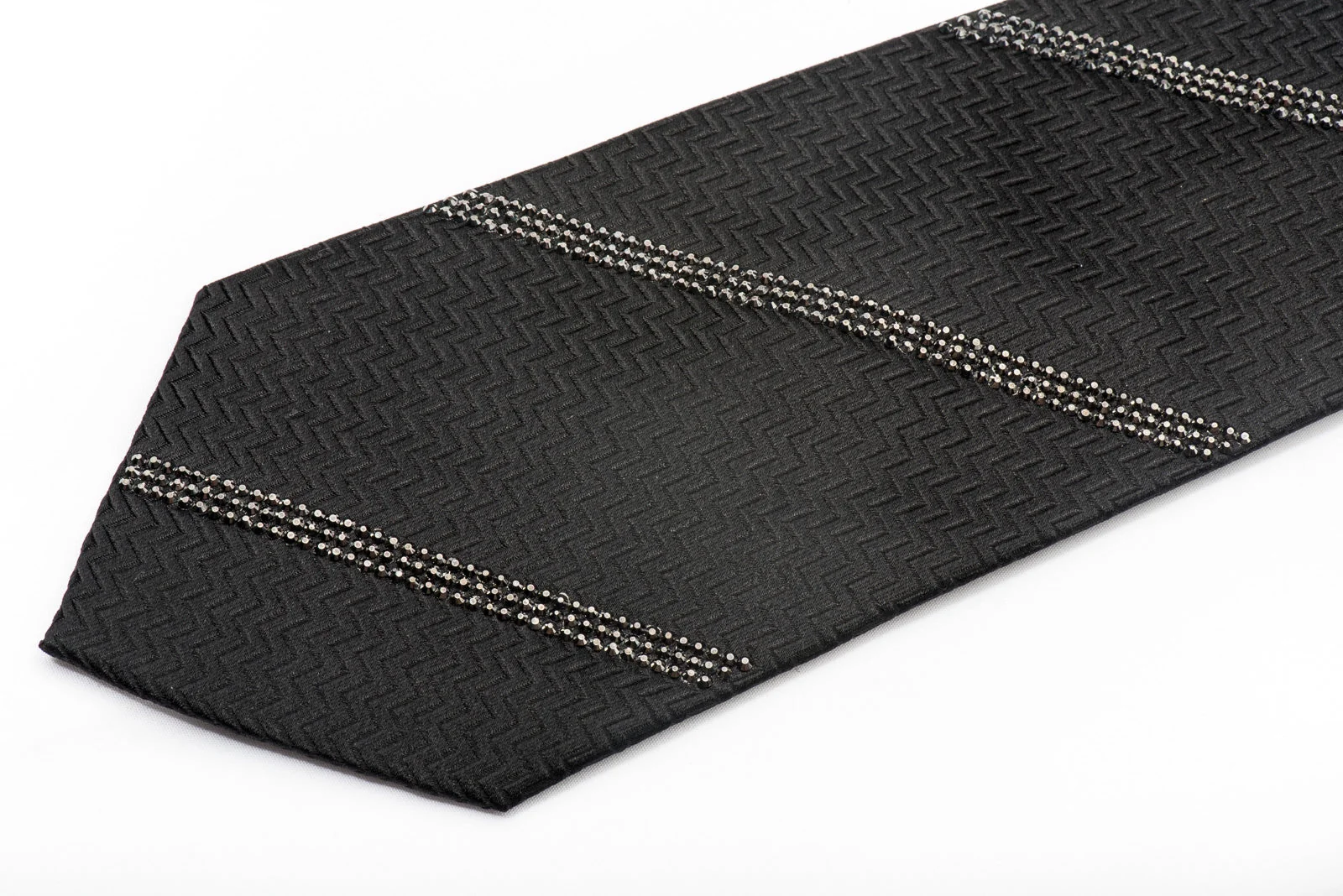 Lalanta Men's Black Silk Tie Striped Jet Black Rhinestones On Herringbone Silk - Image 6