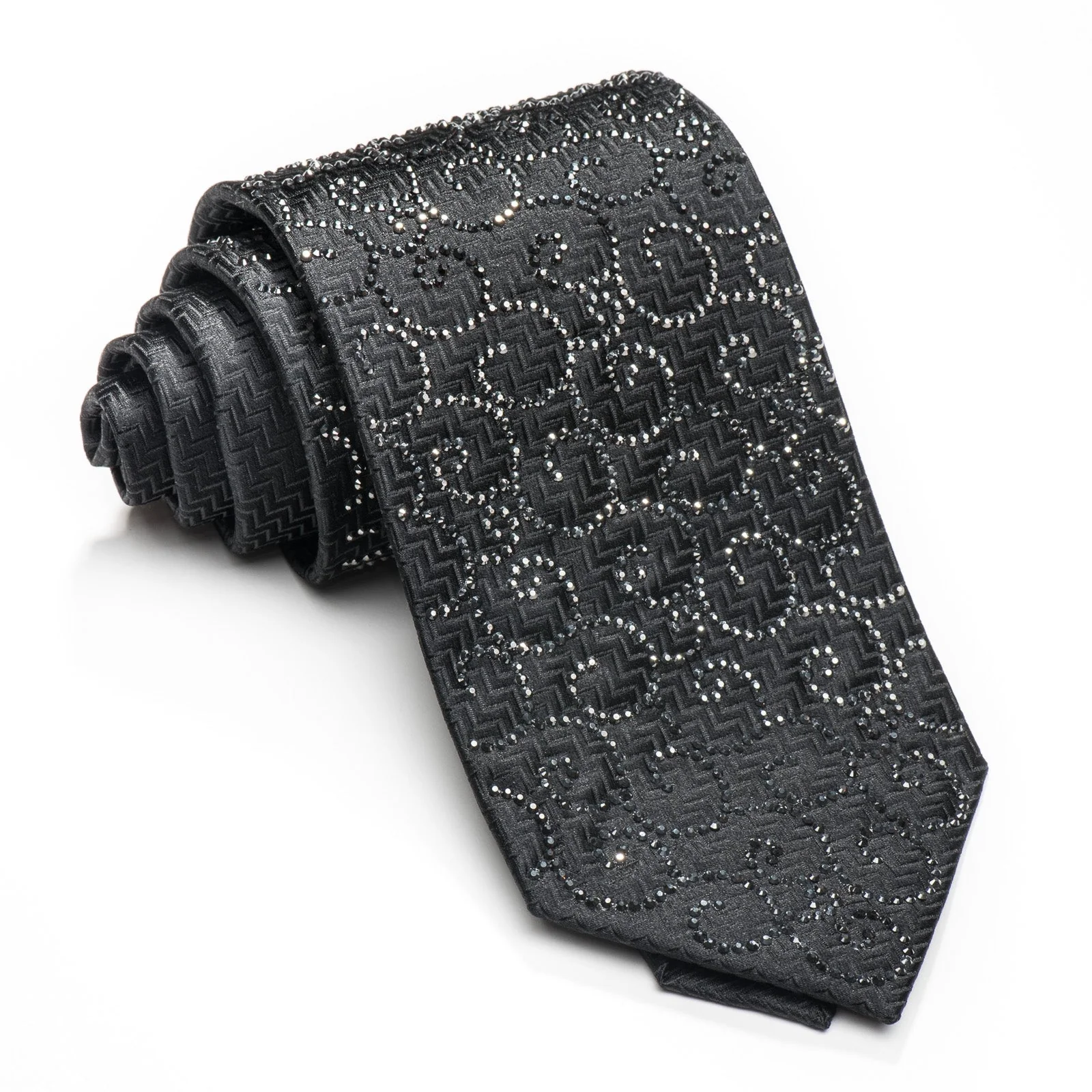 Lalanta Men's Rhinestone Tie Jet Black Crystal Rhinestones On Black Woven Silk - Image 8