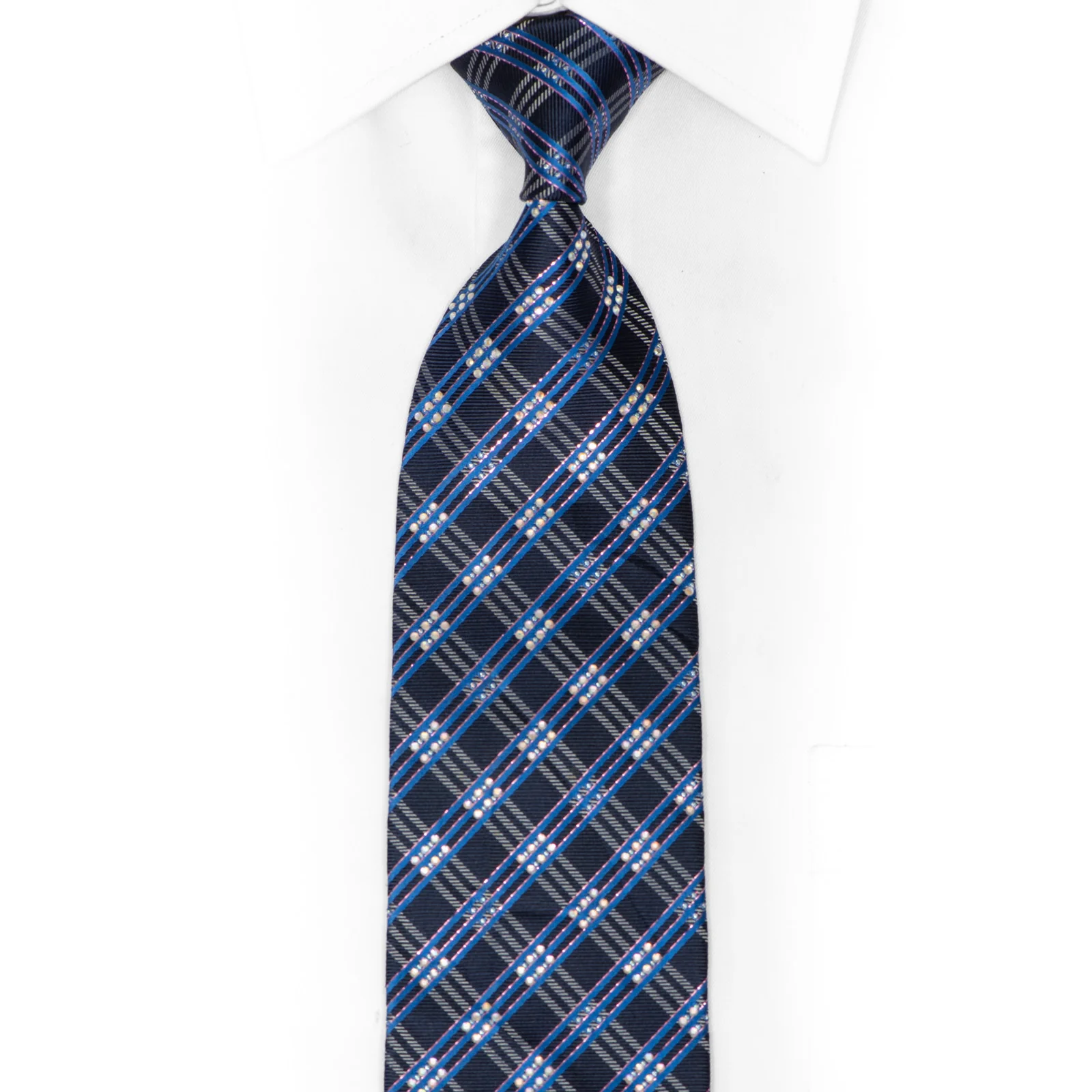 Blue Silver Plaid Striped Rhinestone Silk Necktie With Copper Sparkles - Image 2