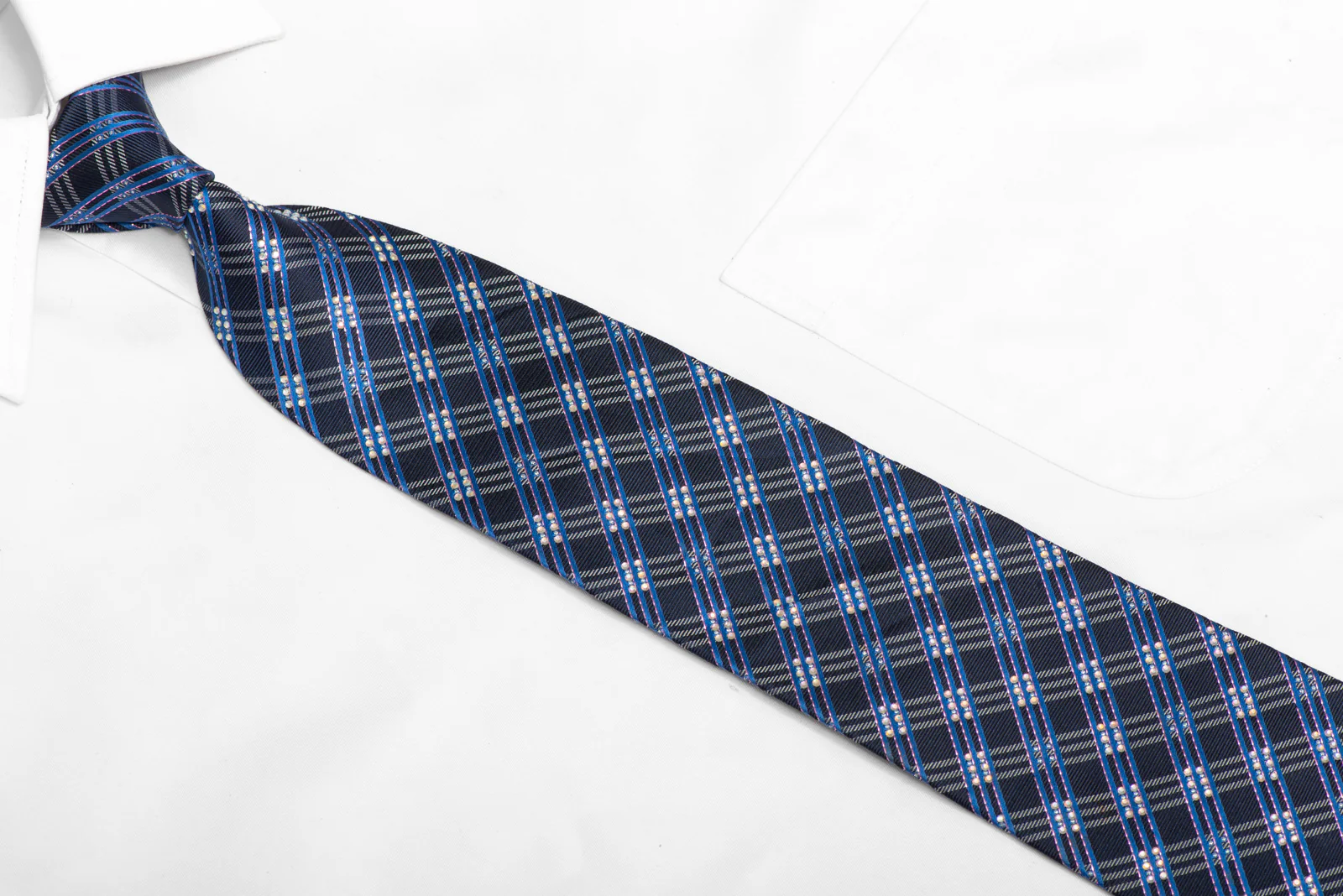 Blue Silver Plaid Striped Rhinestone Silk Necktie With Copper Sparkles - Image 3