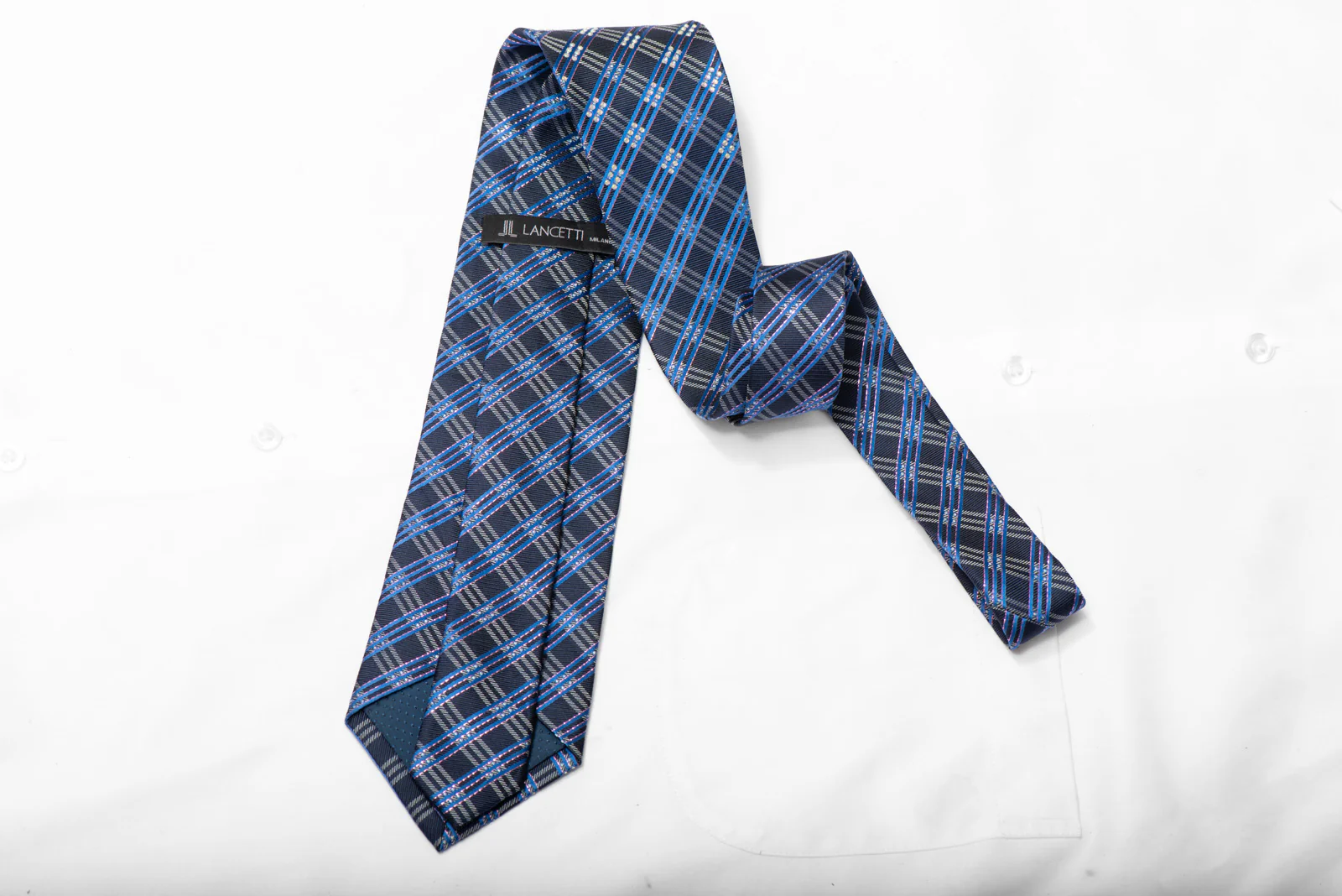 Blue Silver Plaid Striped Rhinestone Silk Necktie With Copper Sparkles - Image 5