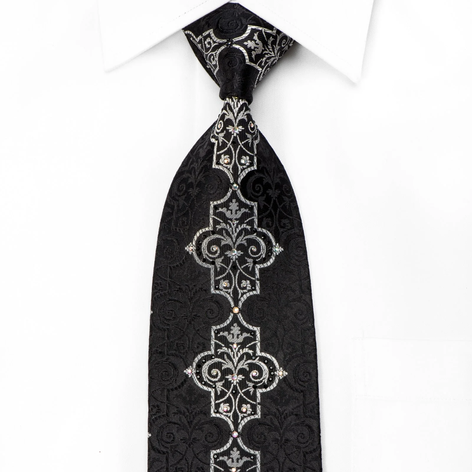 Lancetti Men's Black Silk Crystal Tie Silver Arabesque On Black