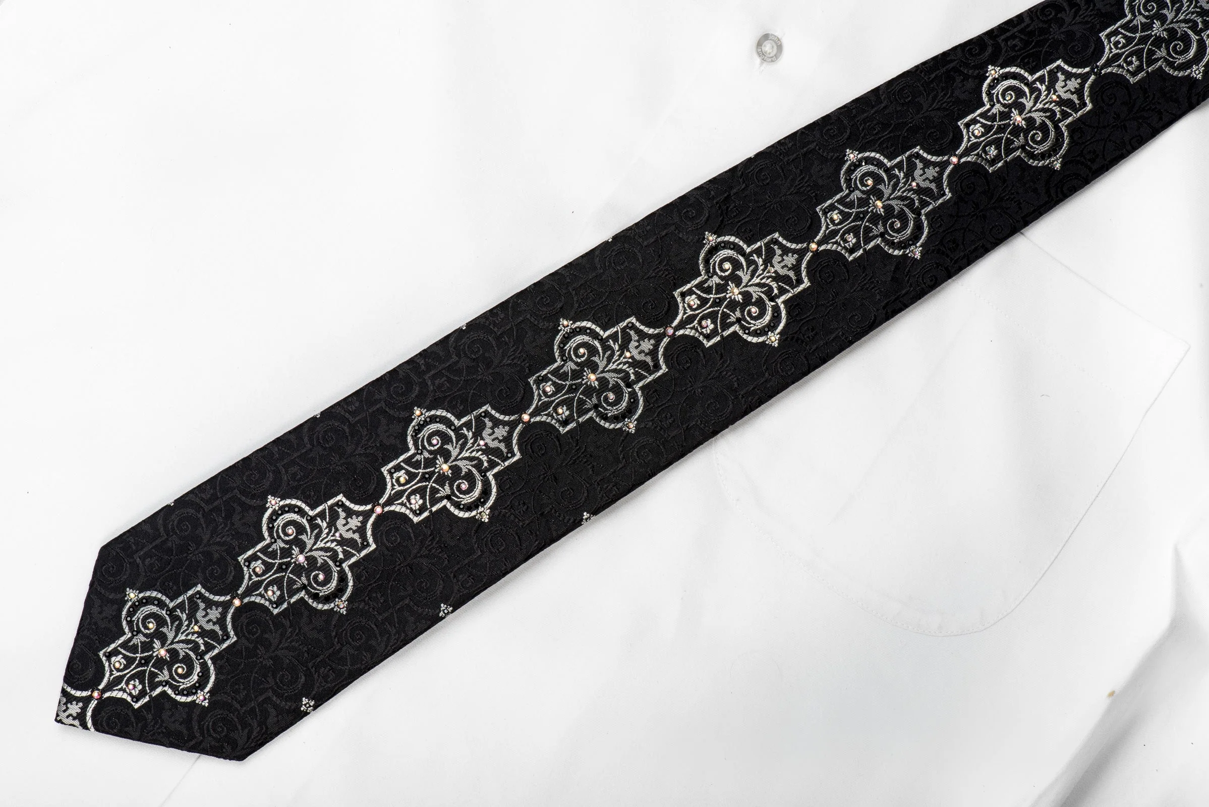 Lancetti Men's Black Silk Crystal Tie Silver Arabesque On Black - Image 4