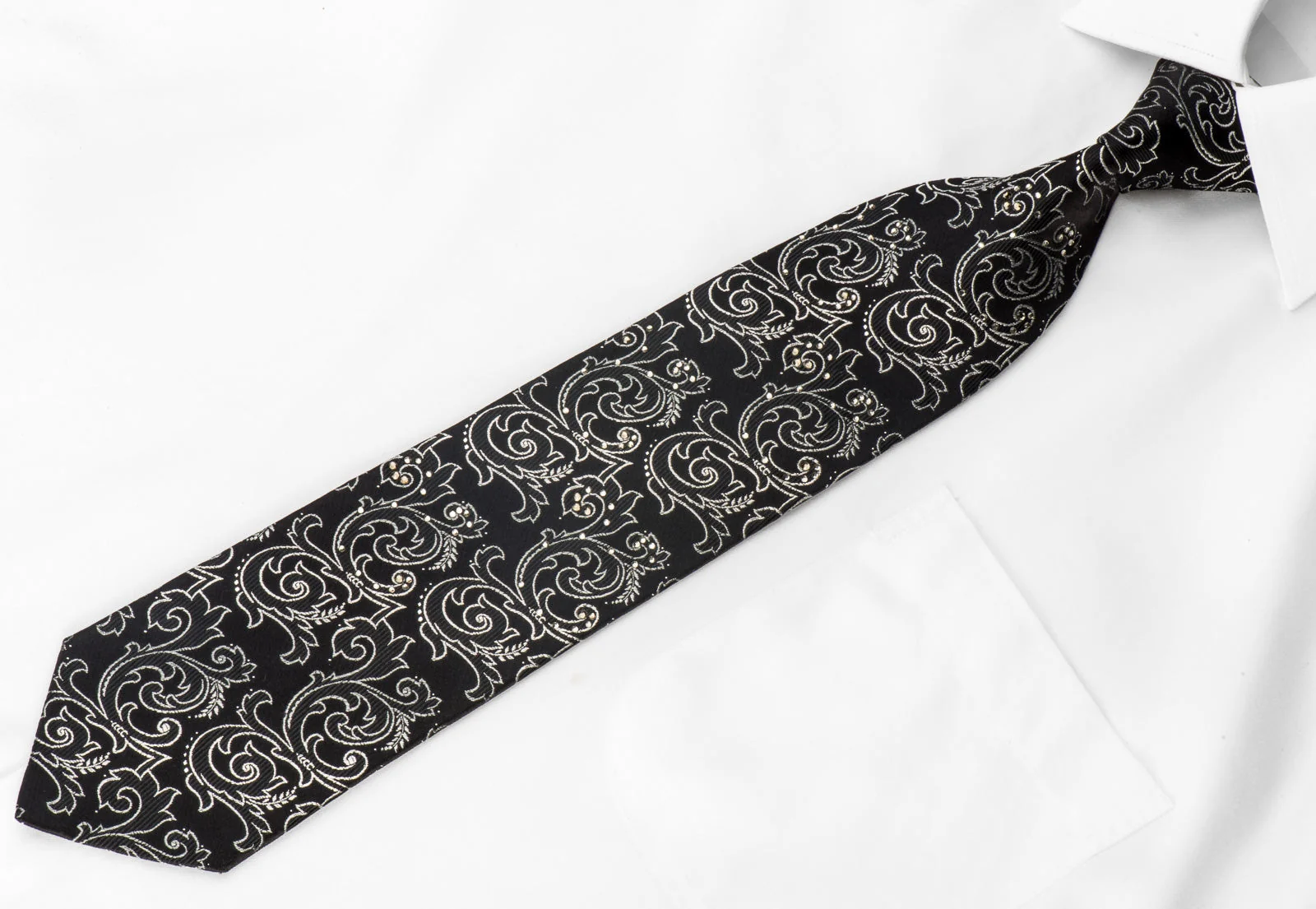 Lancetti Men's Crystal Necktie Silver Acanthus On Black With Silver Sparkles - Image 4