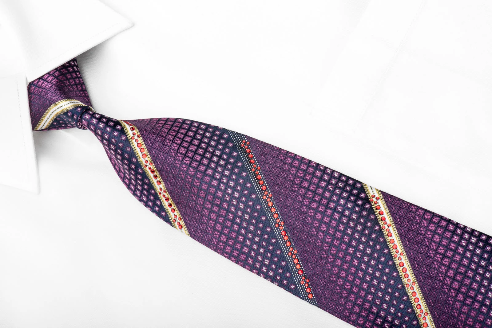 Lancetti Men's Crystal Rhinestone Silk Necktie Striped On Purple With Sparkles - Image 3