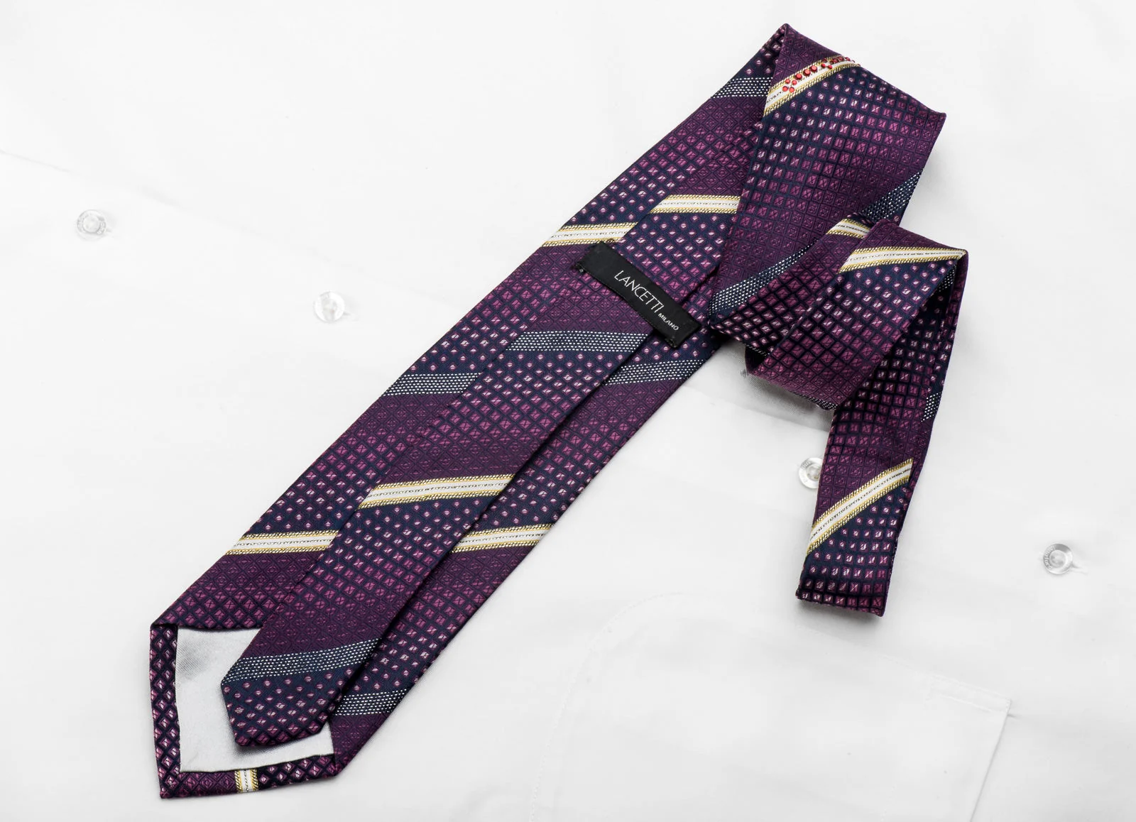 Lancetti Men's Crystal Rhinestone Silk Necktie Striped On Purple With Sparkles - Image 4