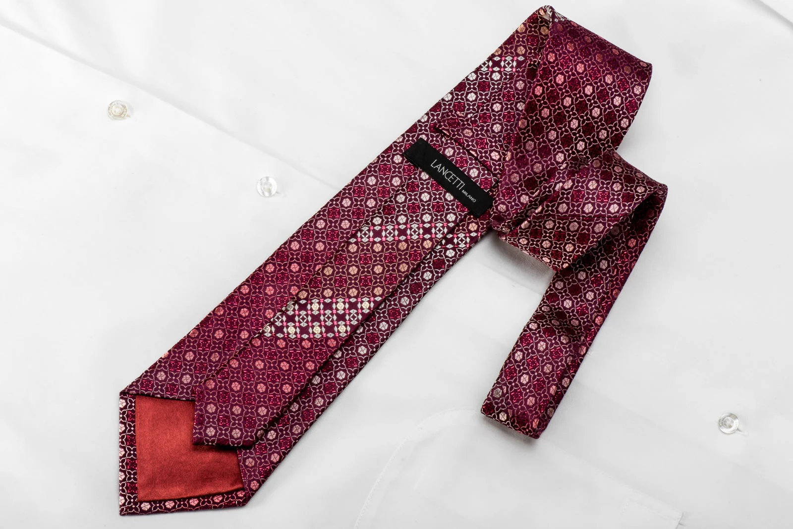 Lancetti Men's Crystal Rhinestone Silk Tie Geometric On Burgundy With Sparkles - Image 4
