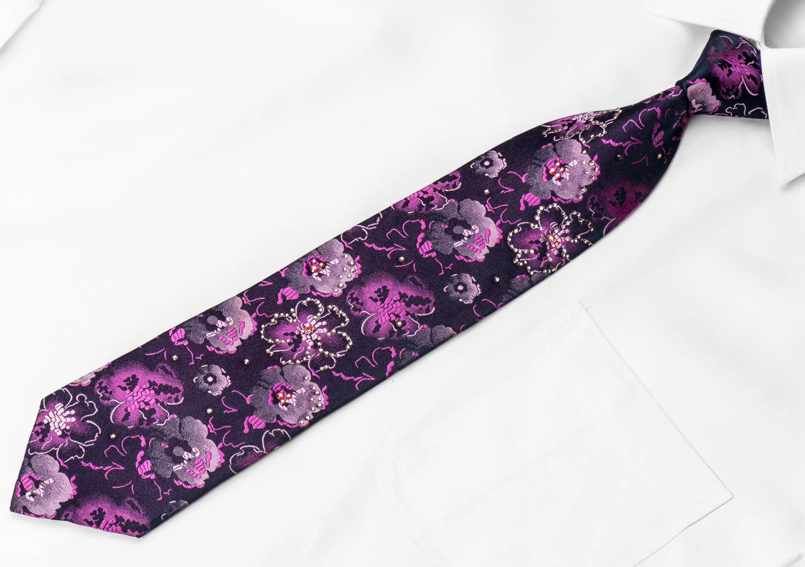 Lancetti Men's Crystal Silk Necktie Purple Floral On Navy Sparkling With Rhinestones - Image 2