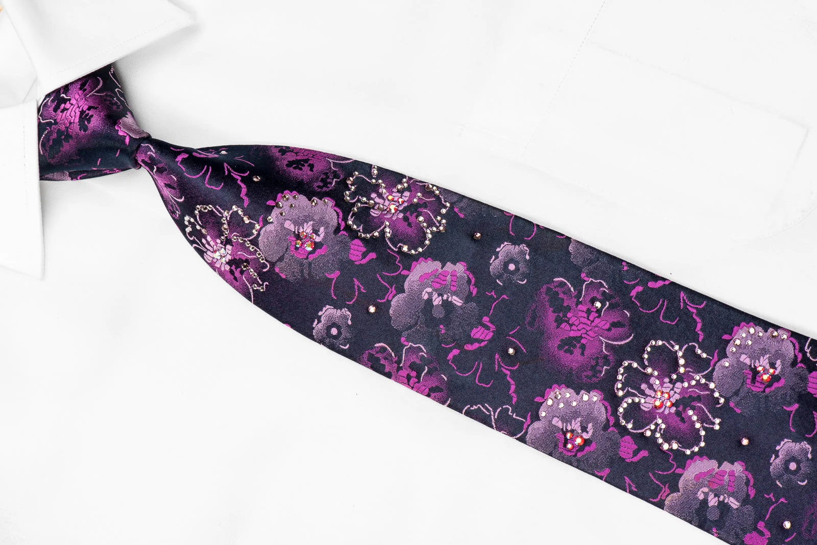 Lancetti Men's Crystal Silk Necktie Purple Floral On Navy Sparkling With Rhinestones - Image 3
